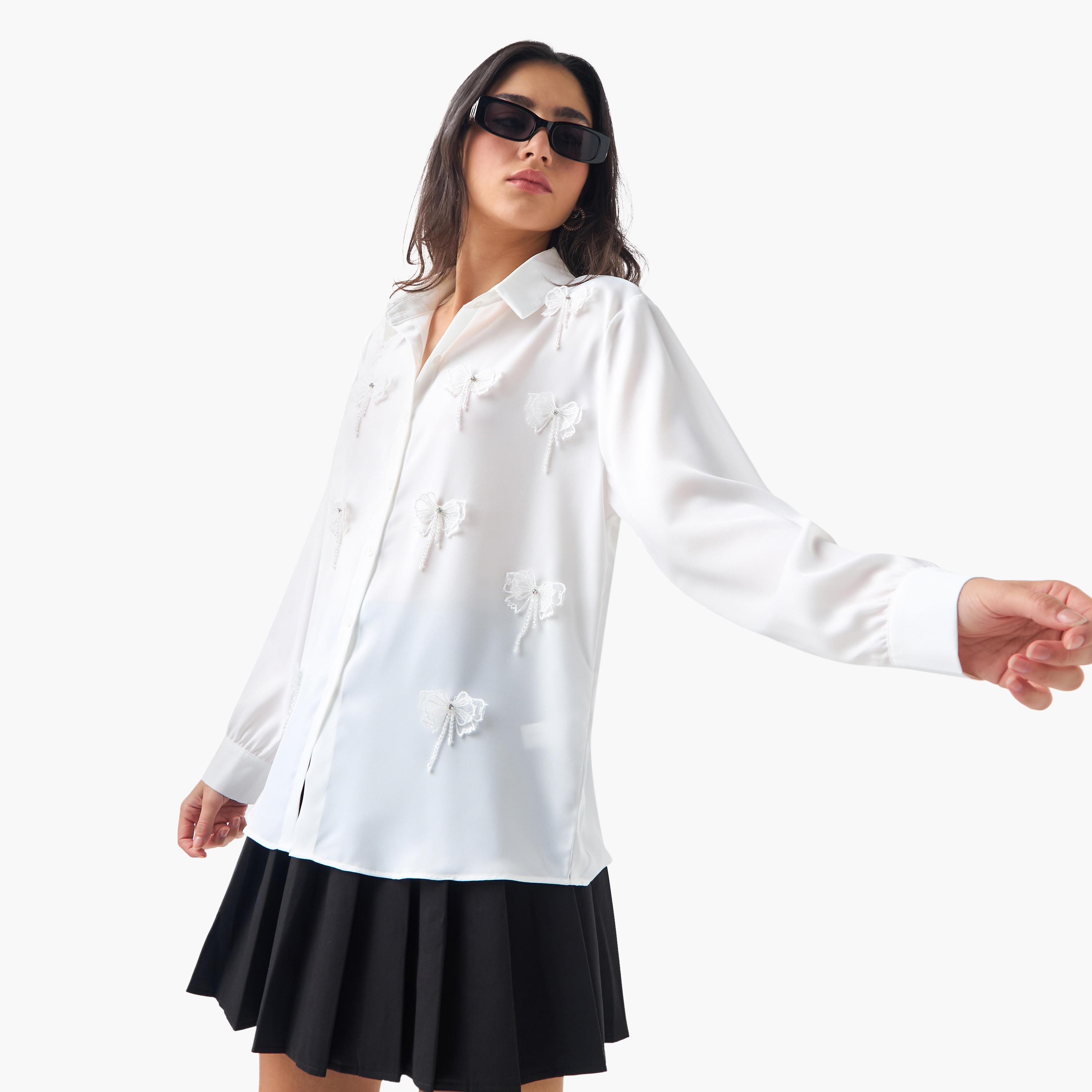 2Xtremz Embellished Bow Applique Cotton Shirt with Long Sleeves-women-clothing-shirtsandblouses-shirts-image-1
