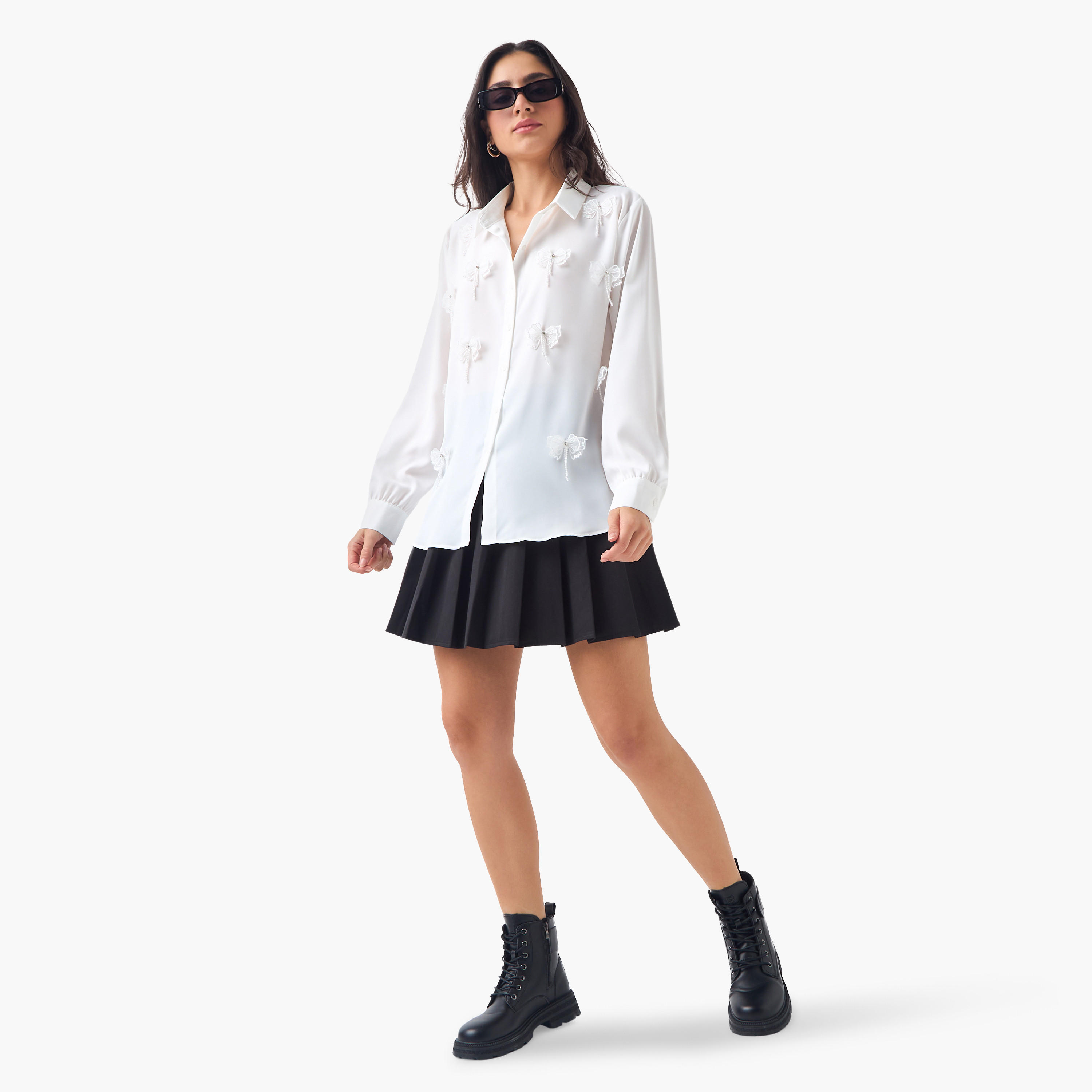 2Xtremz Embellished Bow Applique Cotton Shirt with Long Sleeves-women-clothing-shirtsandblouses-shirts-image-2