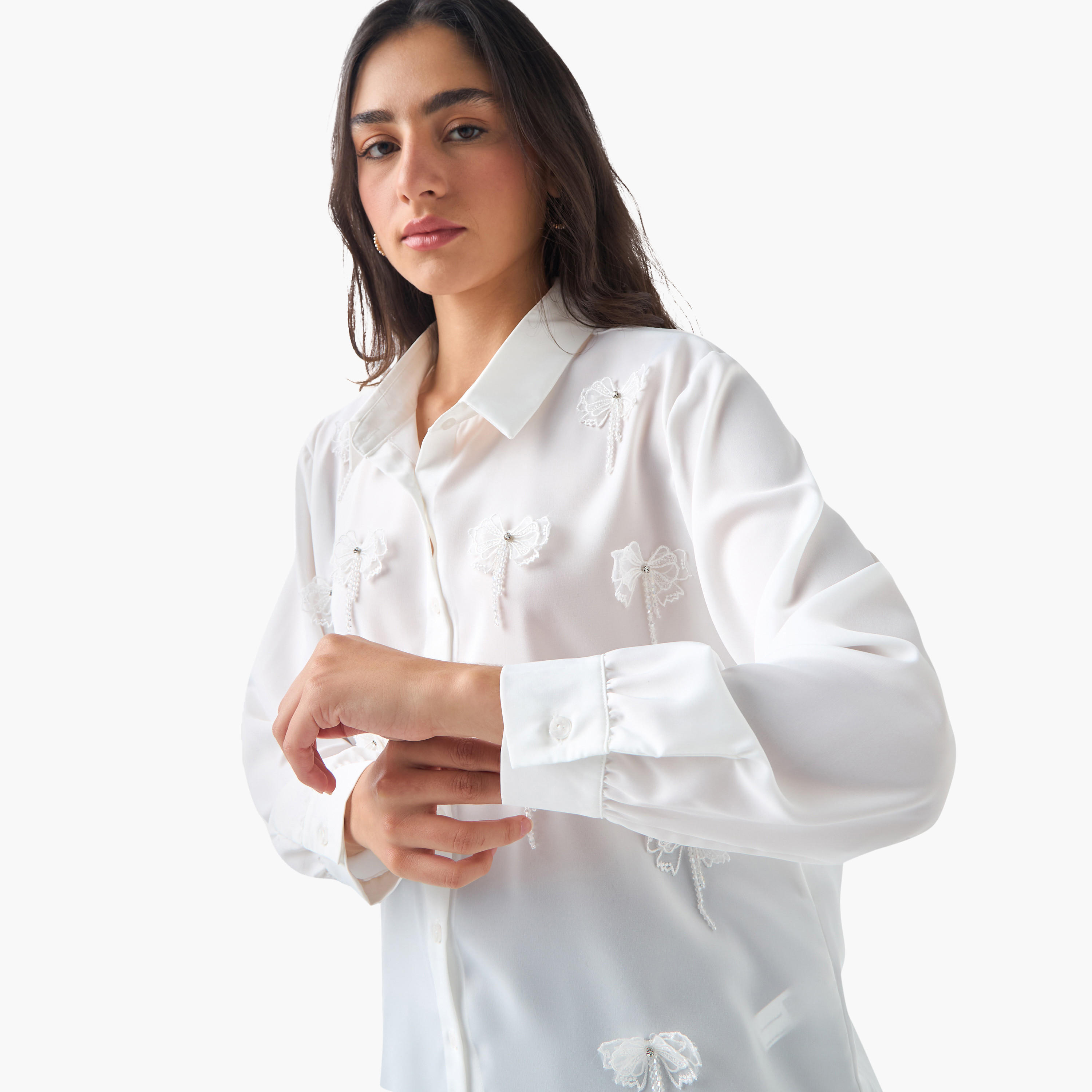 2Xtremz Embellished Bow Applique Cotton Shirt with Long Sleeves-women-clothing-shirtsandblouses-shirts-image-4