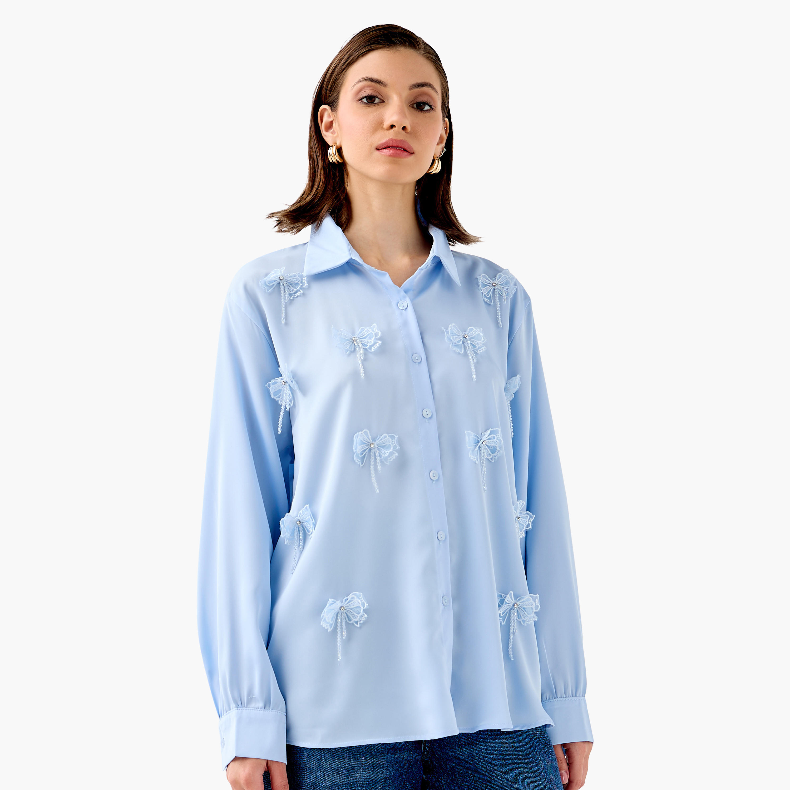 2Xtremz Embellished Bow Applique Cotton Shirt with Long Sleeves-women-clothing-shirtsandblouses-shirts-image-1