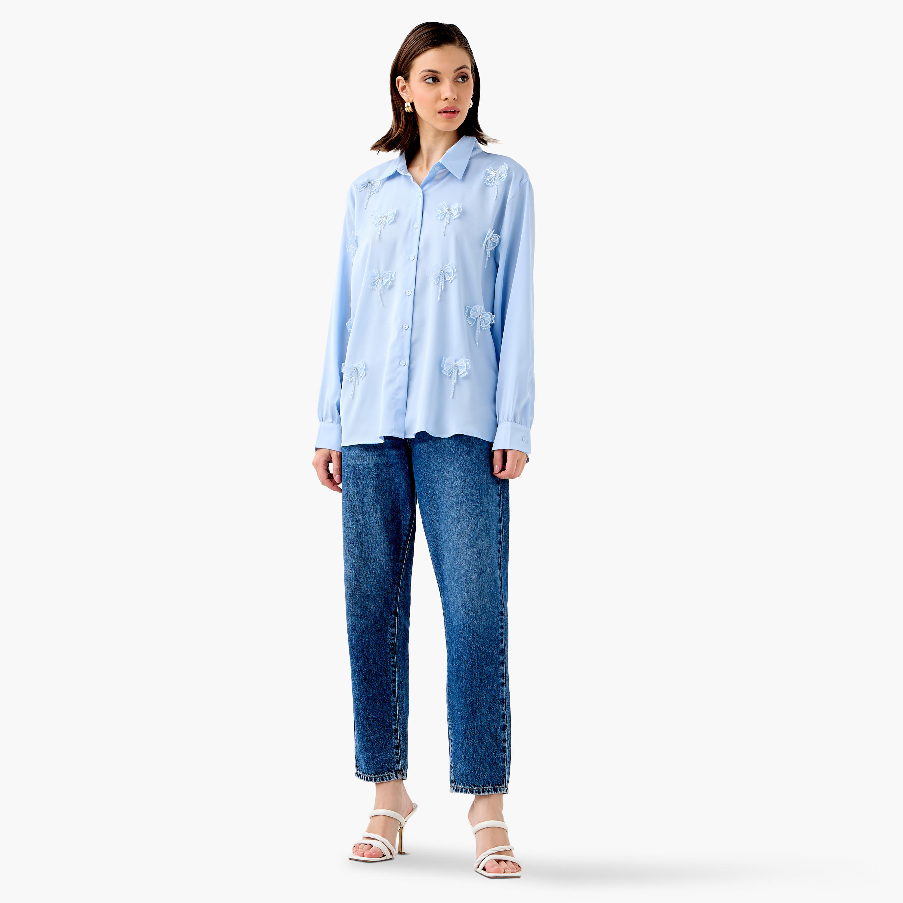 2Xtremz Embellished Bow Applique Cotton Shirt with Long Sleeves-women-clothing-shirtsandblouses-shirts-image-2