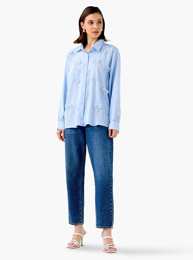 2Xtremz Embellished Bow Applique Cotton Shirt with Long Sleeves-women-clothing-shirtsandblouses-shirts-image-2