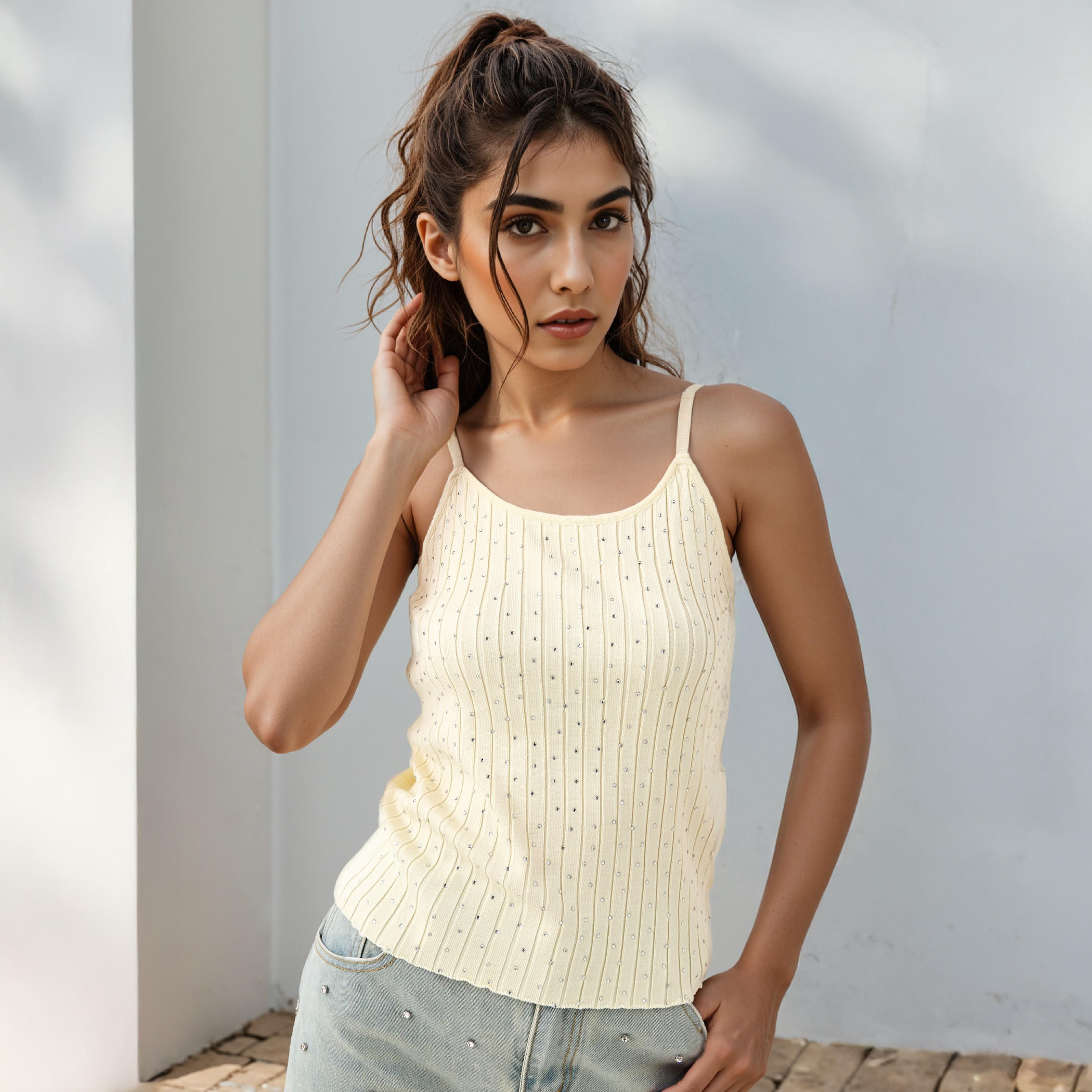 بلوزة قصيرة مزينة بحمالات كتف وياقة عميقة من تو إكستريمز-women-clothing-tshirts-image-1