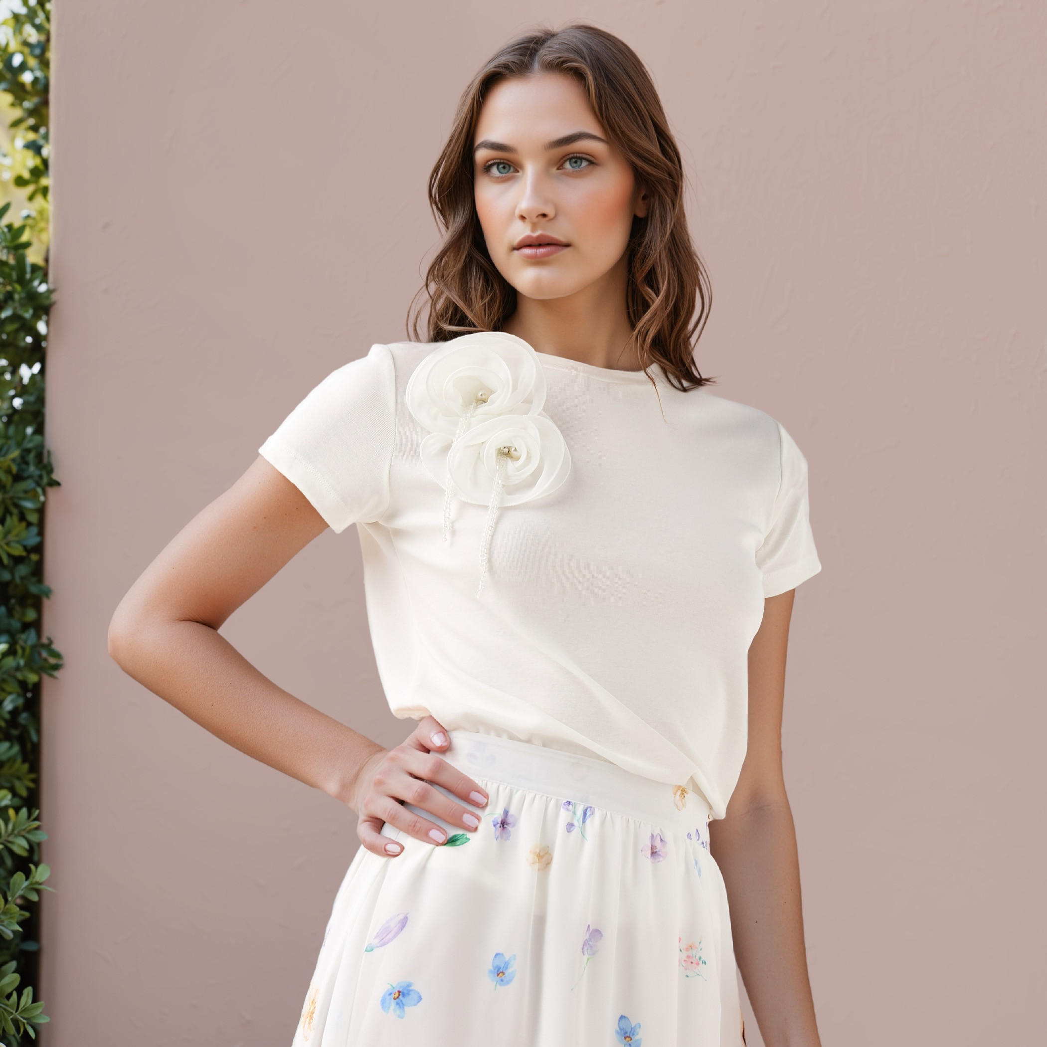 تيشيرت بياقة ضيقة وزخارف أزهار من تو إكستريمز-women-clothing-tshirts-image-1