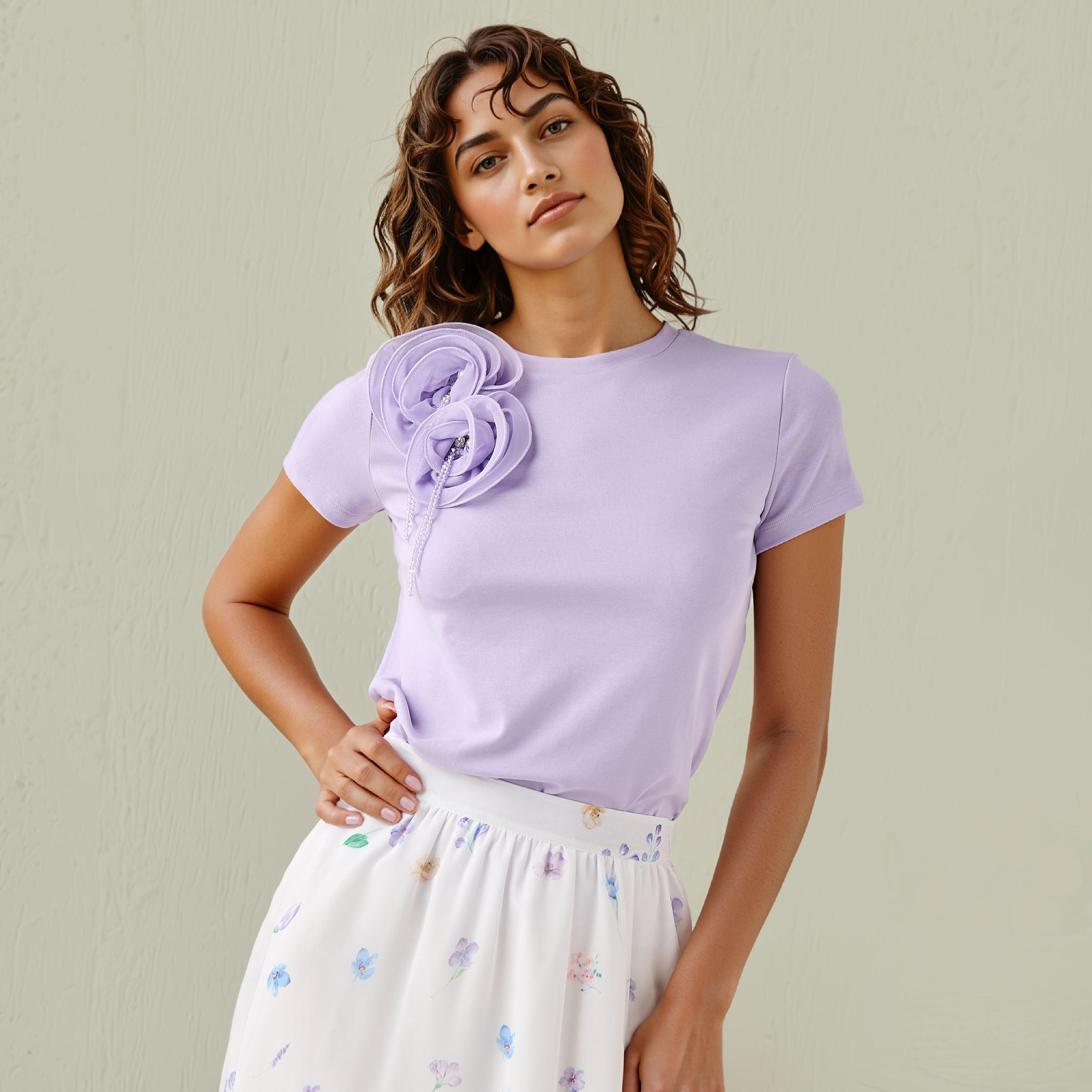 2Xtremz Floral Applique T-shirt with Crew Neck-women-clothing-tshirts-image-1