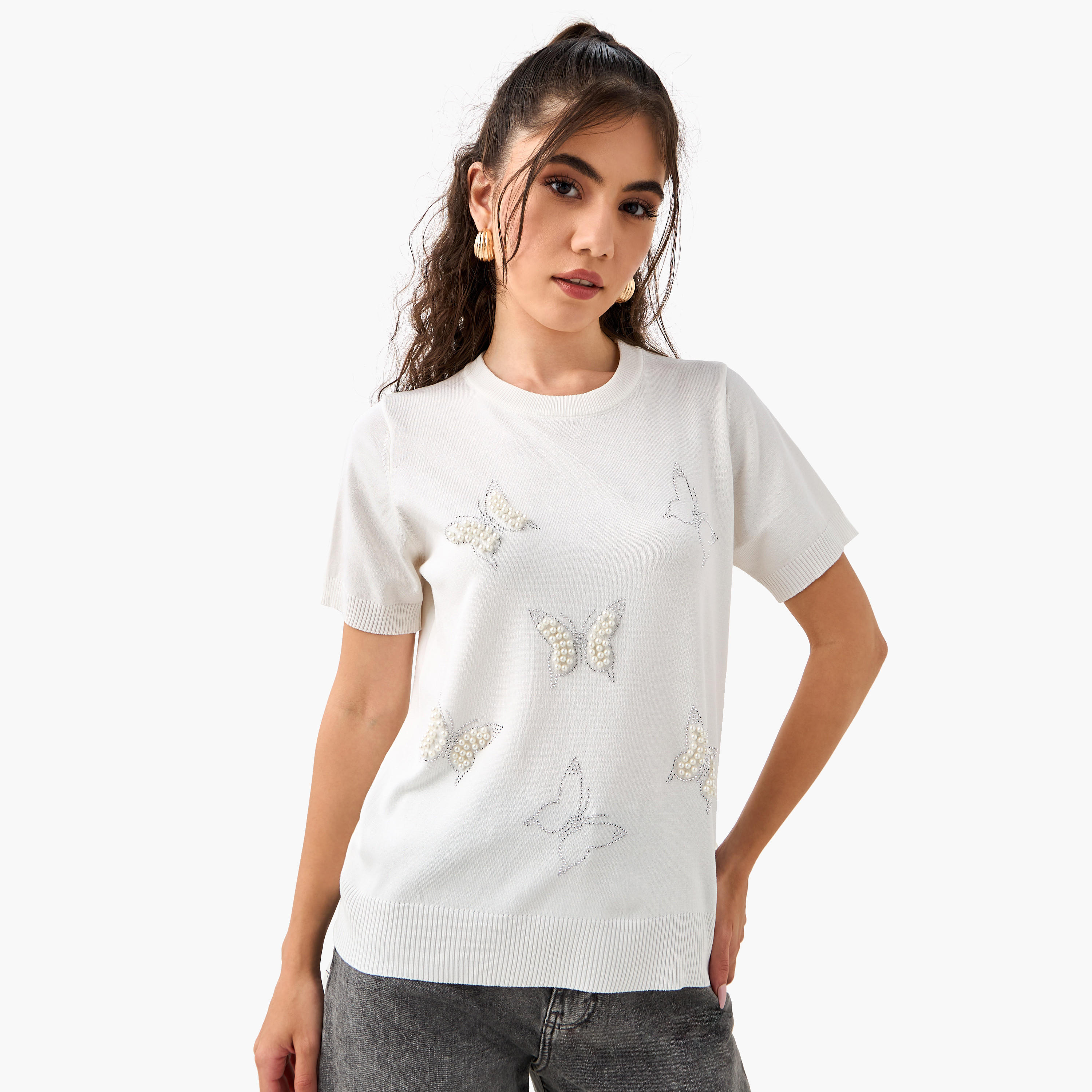 2Xtremz Pearl Embellished T-shirt with Round Neck-women-clothing-tshirts-image-1
