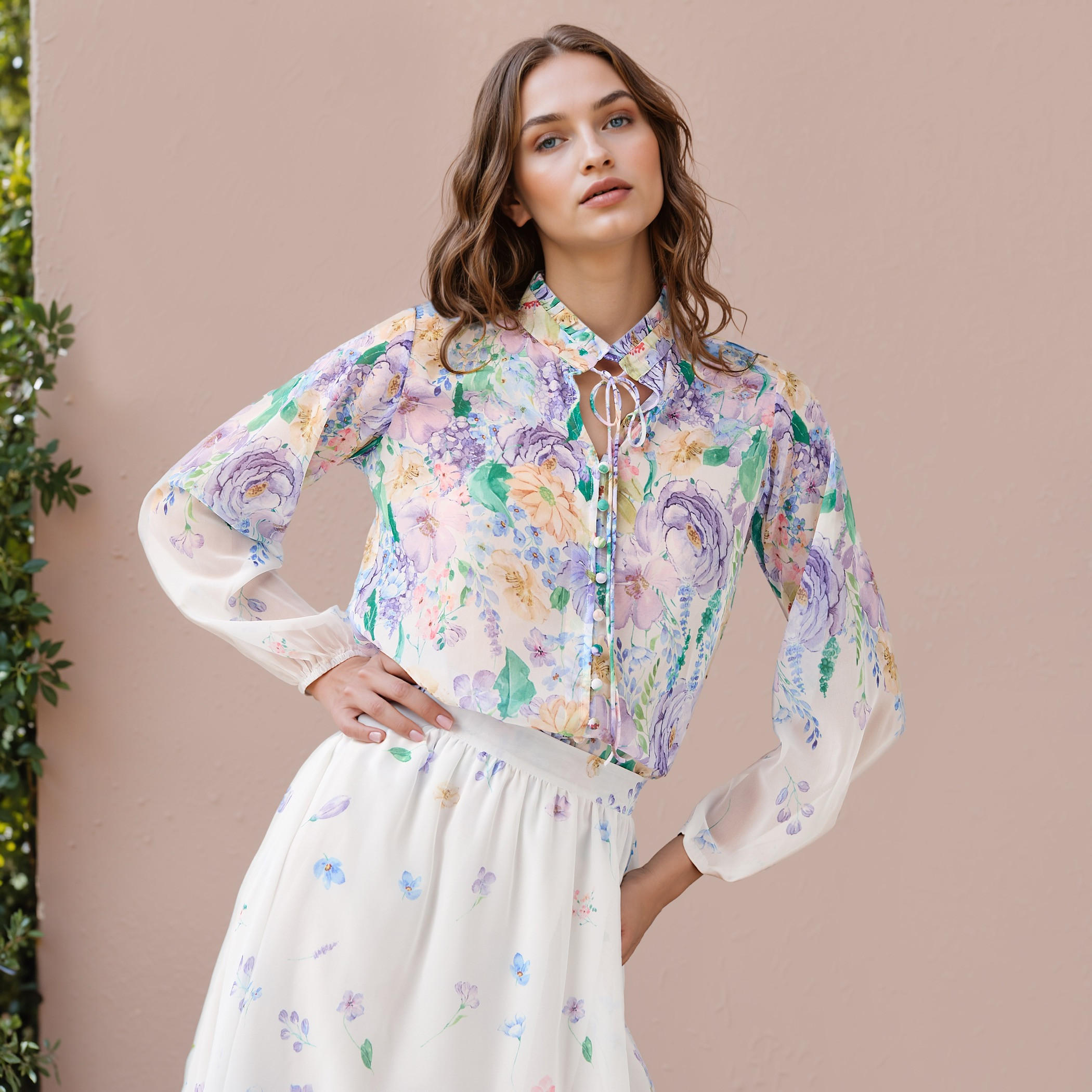 2Xtremz Floral Print Top with Tie-Up Neck and Long Sleeves-women-clothing-shirtsandblouses-blouses-image-1