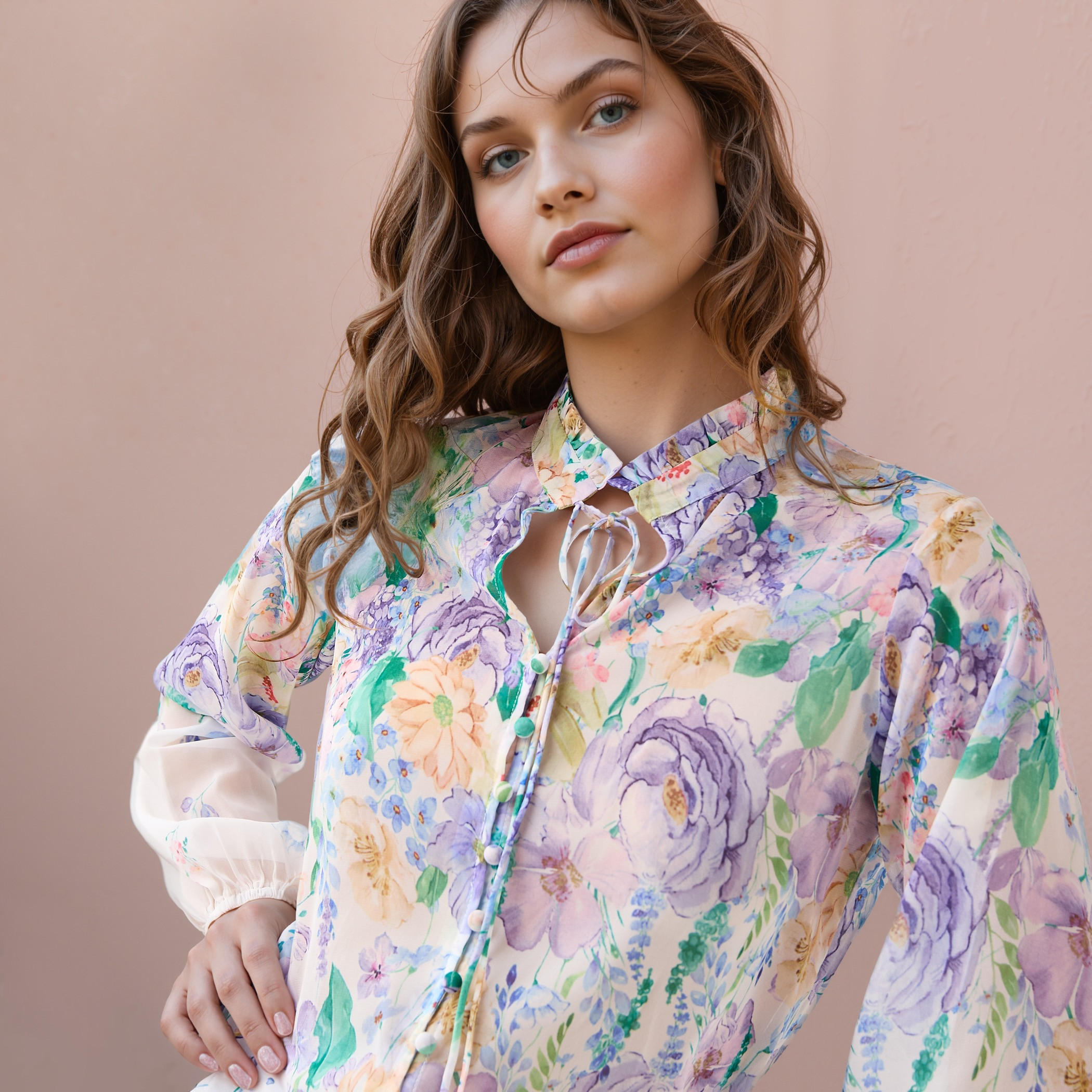 2Xtremz Floral Print Top with Tie-Up Neck and Long Sleeves-women-clothing-shirtsandblouses-blouses-image-4