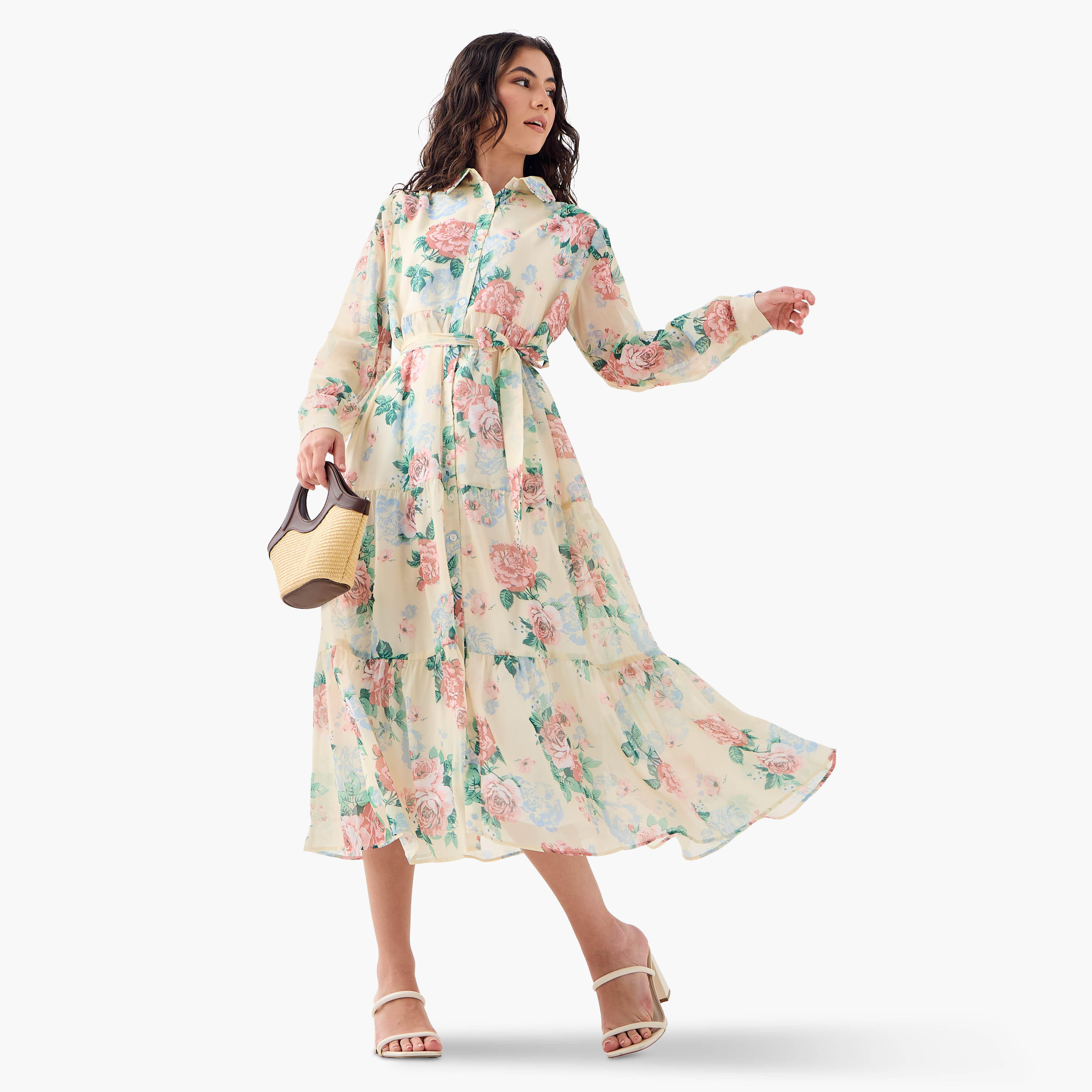 Floral Print Midi Shirt Dress-women-clothing-dresses-image-1
