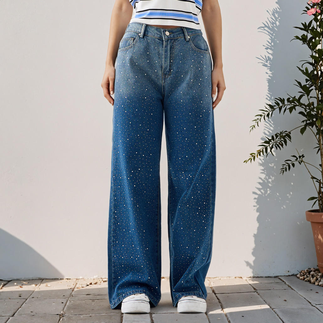 بنطلون جينز بقصة مستقيمة وجيوب وتزيينات حجر الراين من تو إكستريمز-women-clothing-bottoms-jeans-image-1