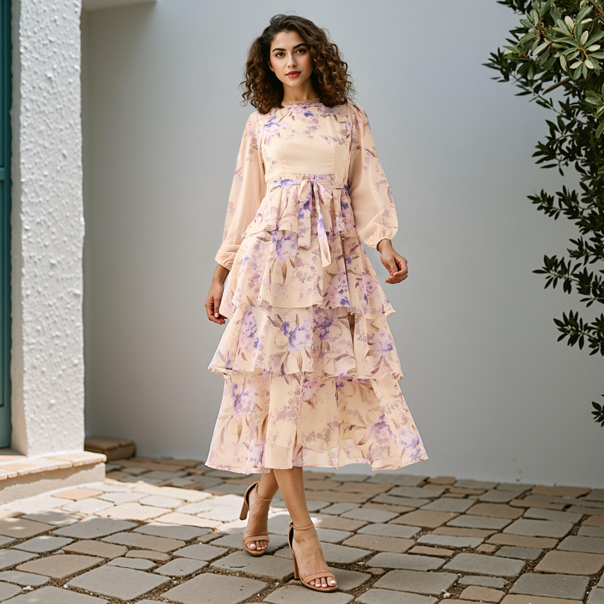 2Xtremz Floral Print Tiered Dress with Lace and Bow Detail-women-clothing-dresses-image-1