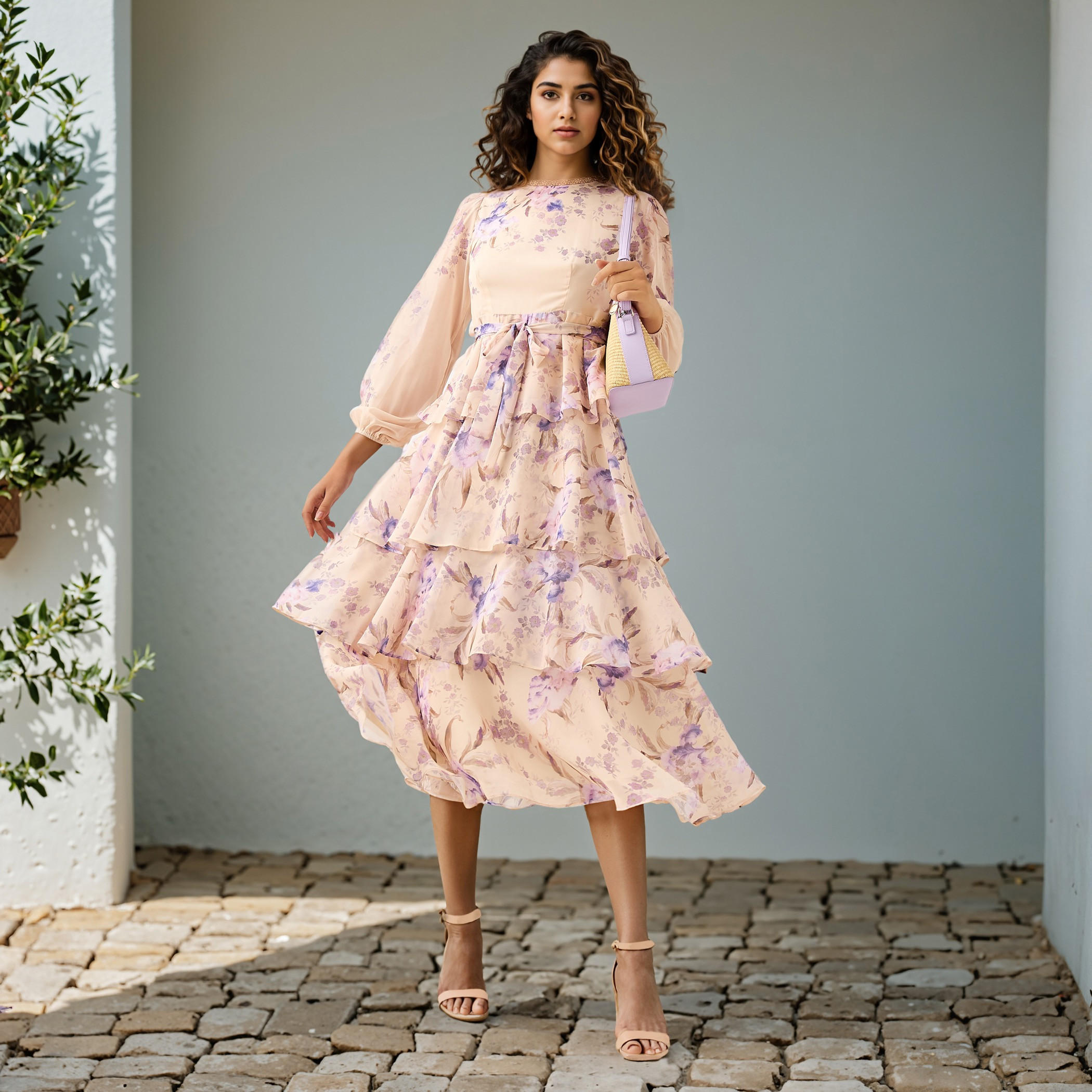 2Xtremz Floral Print Tiered Dress with Lace and Bow Detail-women-clothing-dresses-image-2