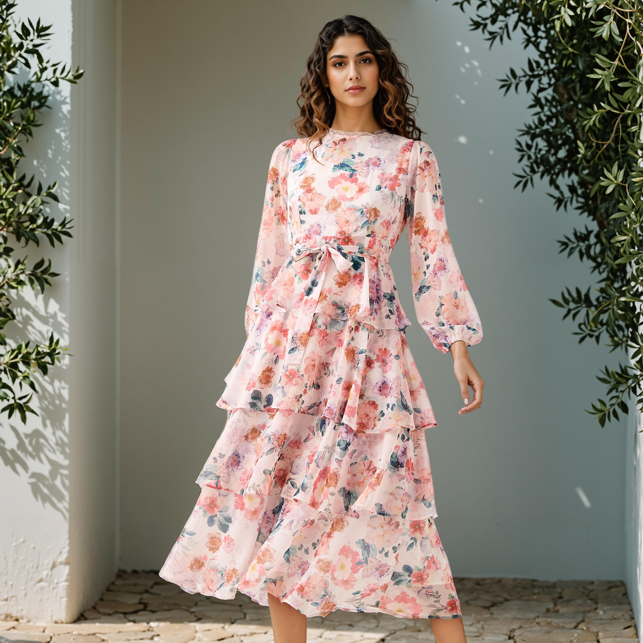 2Xtremz Floral Print Tiered Dress with Lace and Bow Detail-women-clothing-dresses-image-1