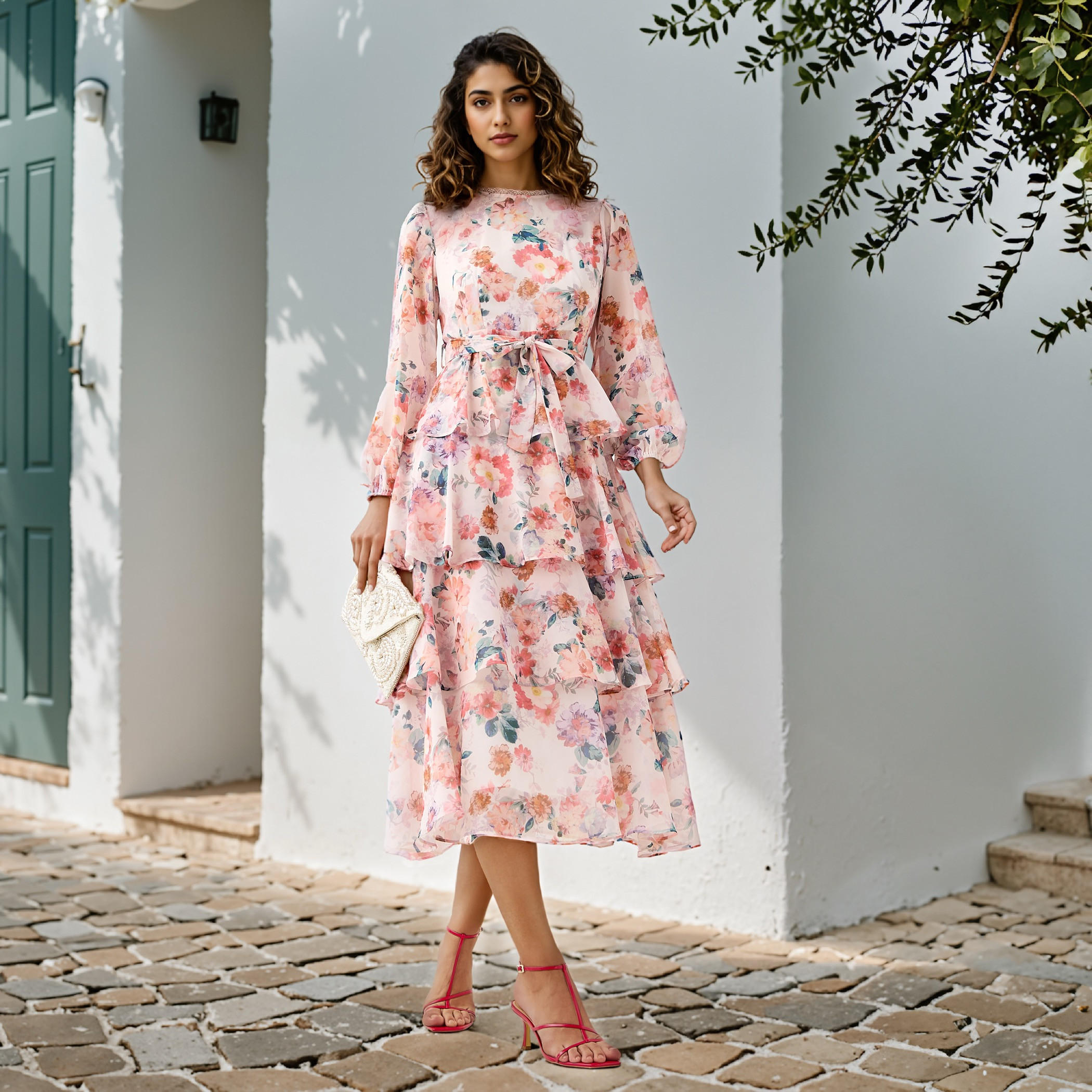 2Xtremz Floral Print Tiered Dress with Lace and Bow Detail-women-clothing-dresses-image-2