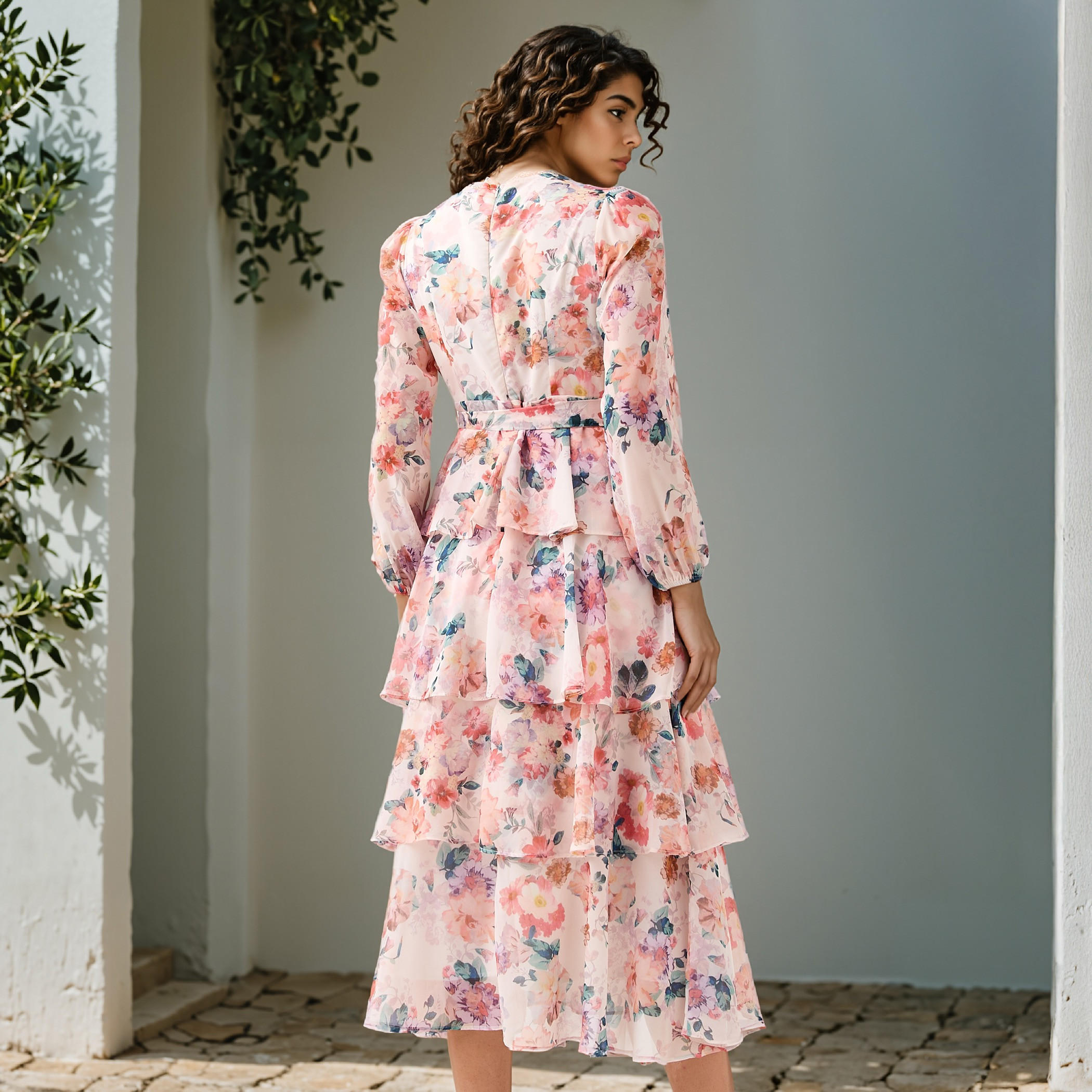 2Xtremz Floral Print Tiered Dress with Lace and Bow Detail-women-clothing-dresses-image-3
