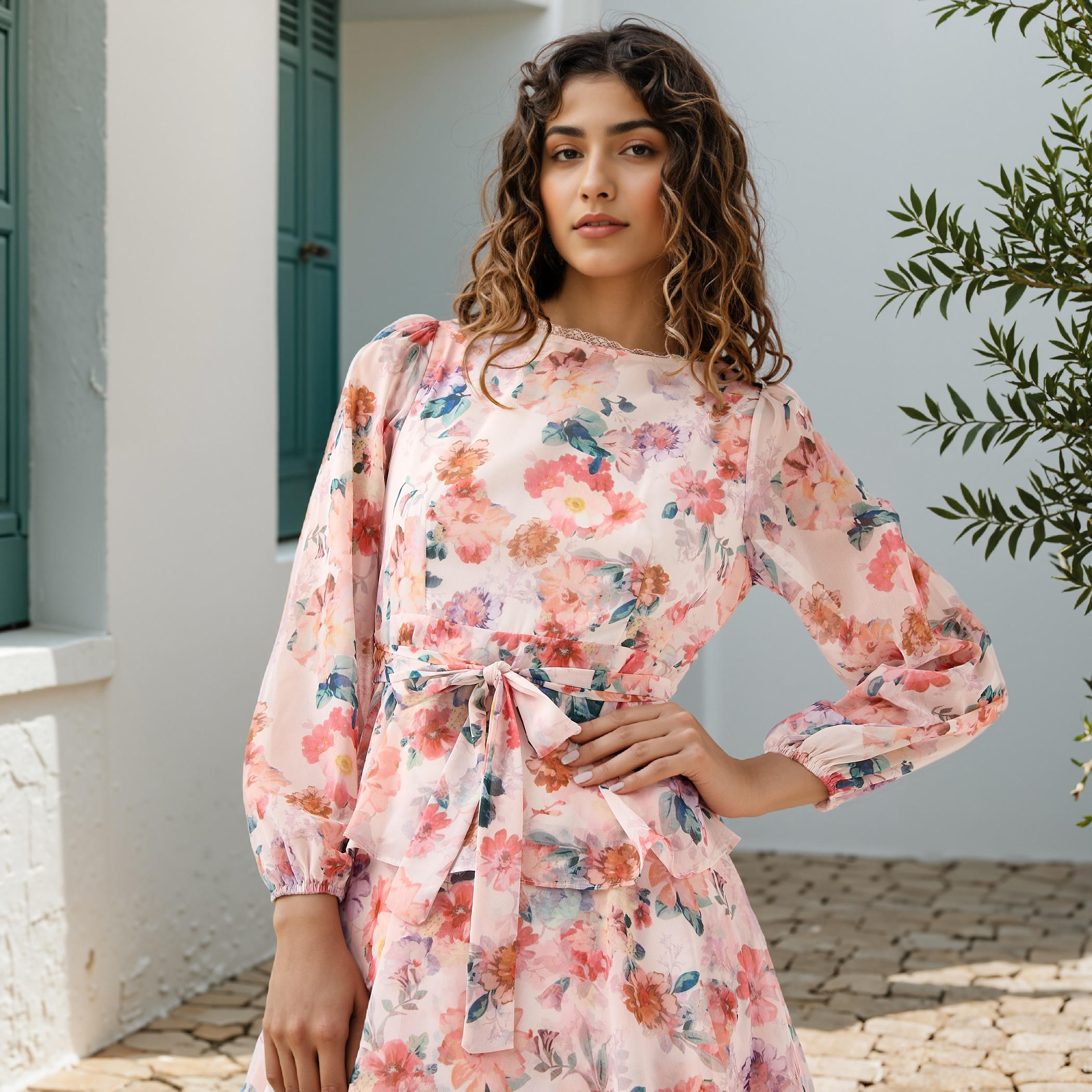 2Xtremz Floral Print Tiered Dress with Lace and Bow Detail-women-clothing-dresses-image-4
