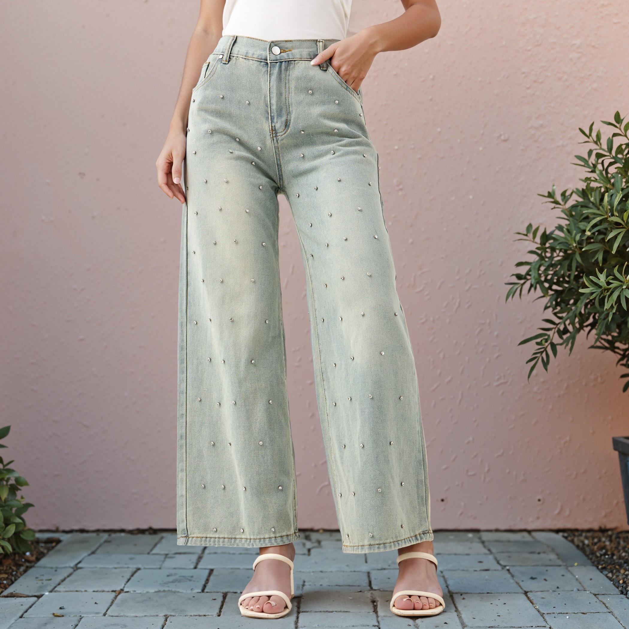 2Xtremz Rhinestone Embellished Regular Fit Linen Blend Jeans with Pockets-women-clothing-bottoms-jeans-image-1