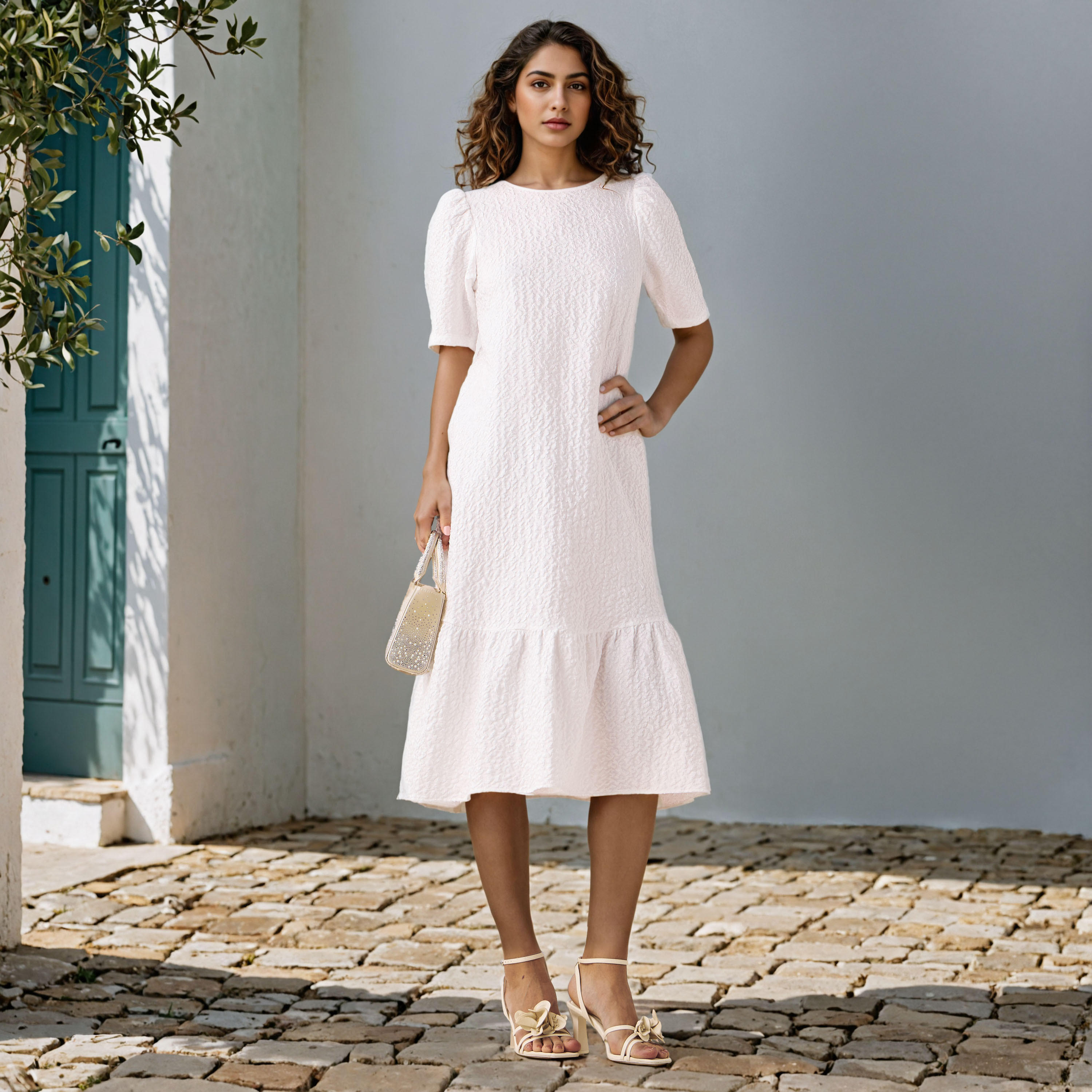 2Xtremz Textured A-Line Midi Dress with Puff Sleeves-women-clothing-dresses-image-1