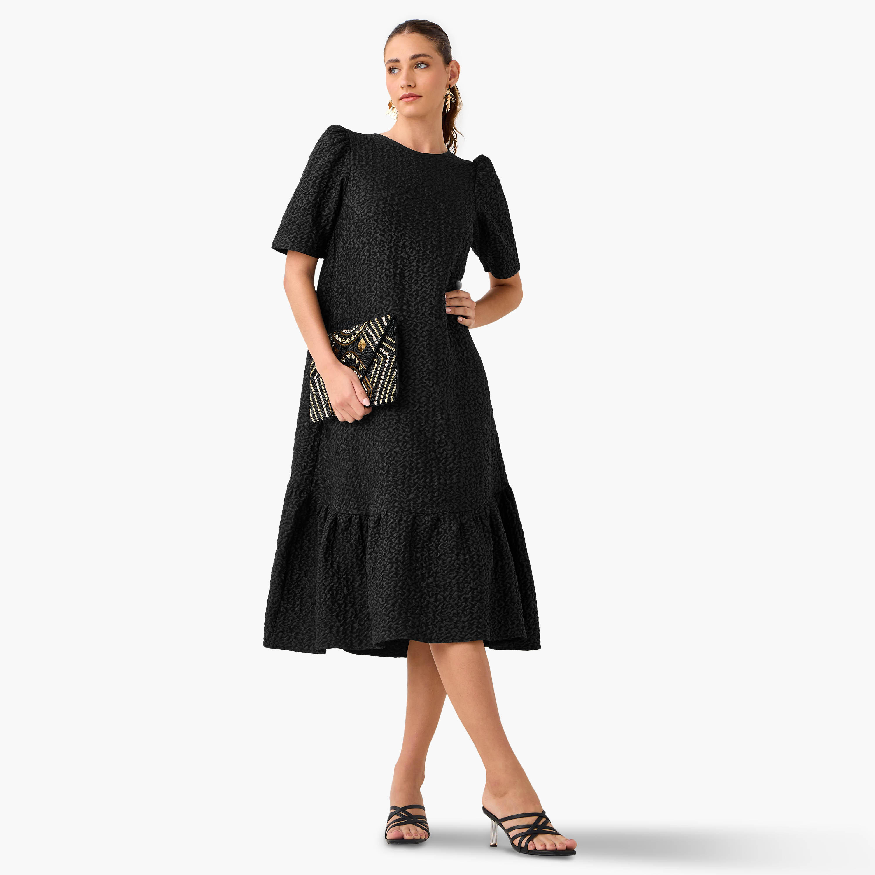 2Xtremz Textured A-Line Midi Dress with Puff Sleeves-women-clothing-dresses-image-1