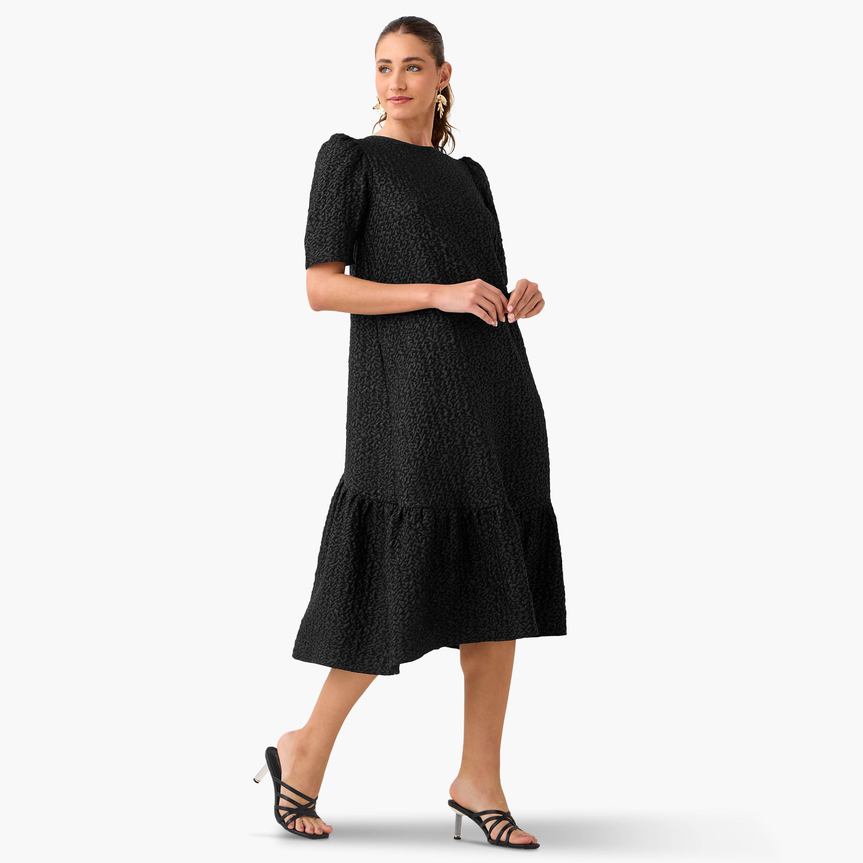 2Xtremz Textured A-Line Midi Dress with Puff Sleeves-women-clothing-dresses-image-2