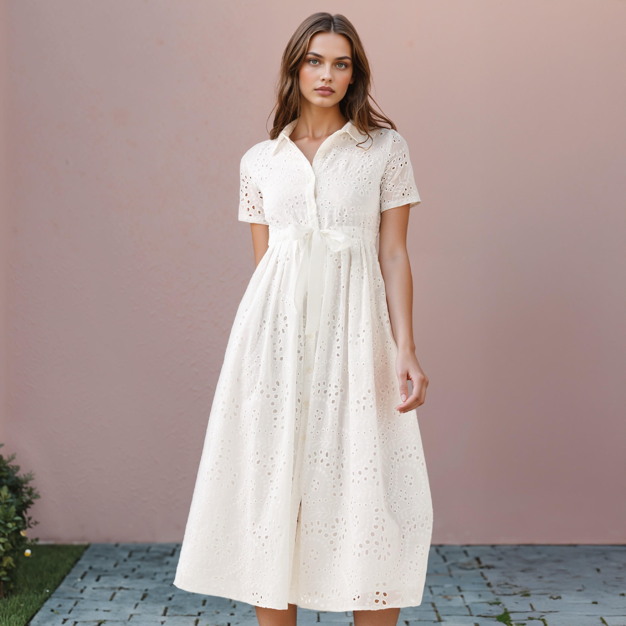 2Xtremz Schiffli Textured Shirt Cotton Dress with Collar and Short Sleeves-women-clothing-dresses-image-1