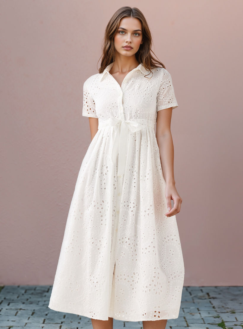 2Xtremz Schiffli Textured Shirt Cotton Dress with Collar and Short Sleeves-women-clothing-dresses-image-1