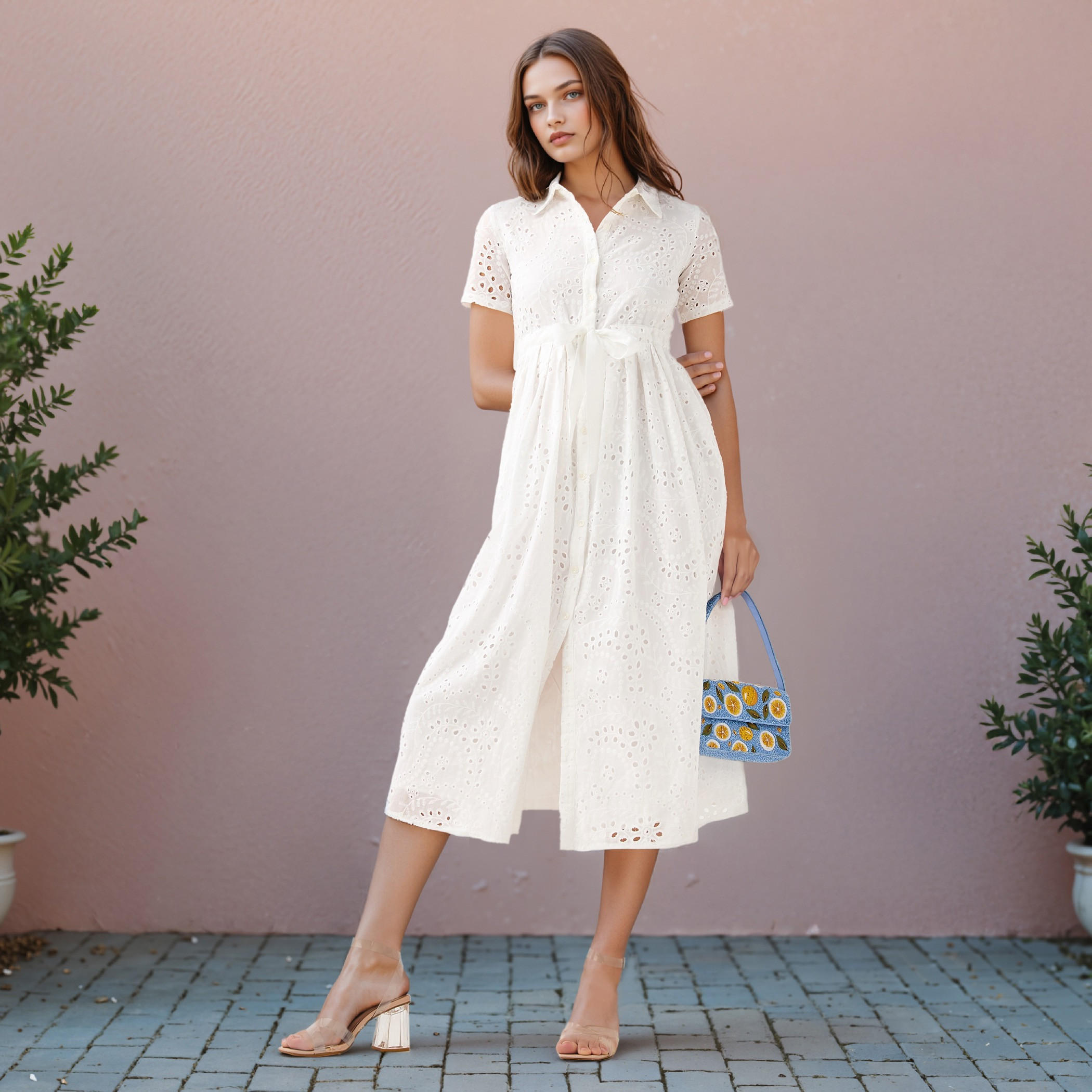 2Xtremz Schiffli Textured Shirt Cotton Dress with Collar and Short Sleeves-women-clothing-dresses-image-2