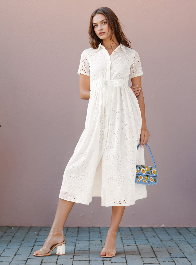2Xtremz Schiffli Textured Shirt Cotton Dress with Collar and Short Sleeves-women-clothing-dresses-image-2