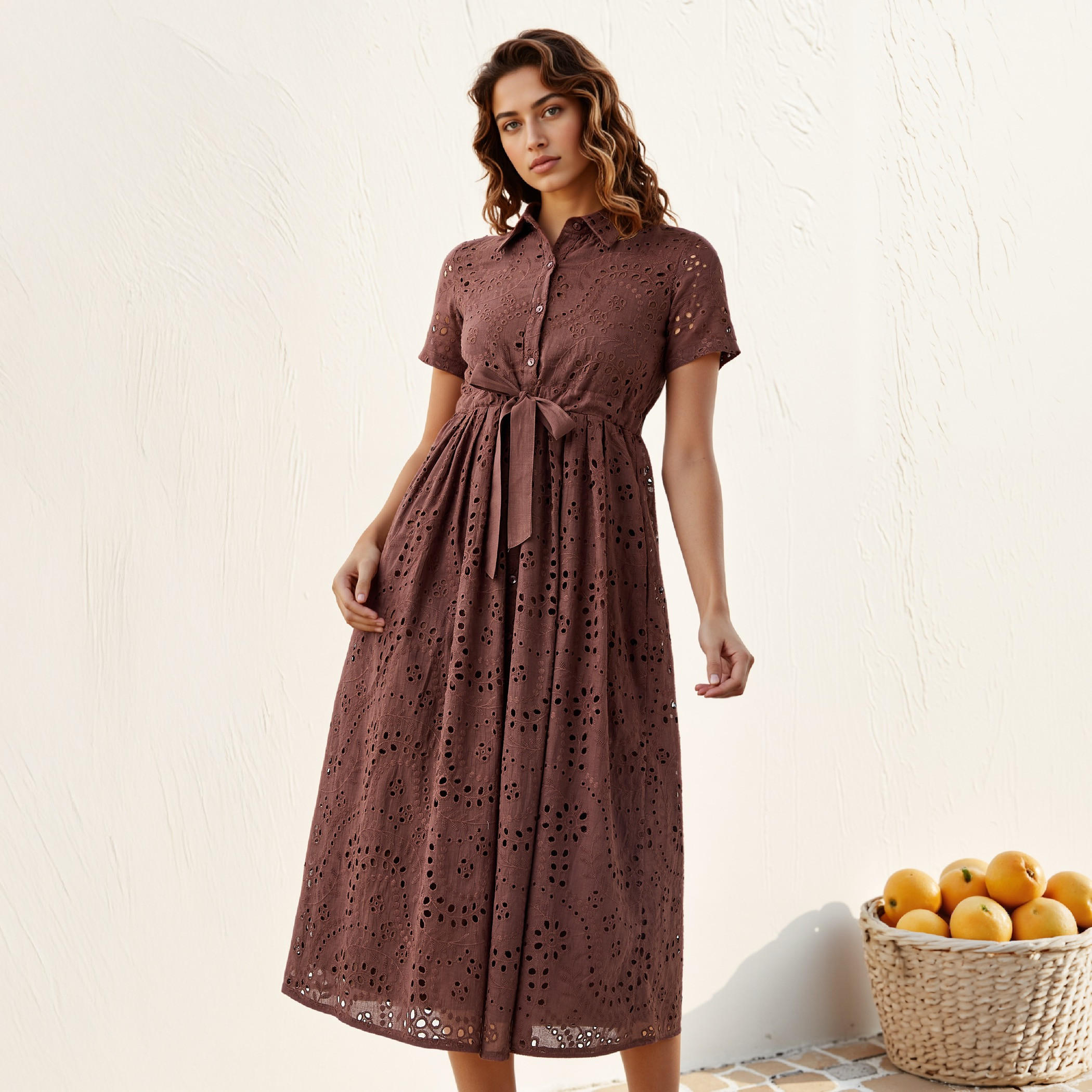 2Xtremz Schiffli Textured Shirt Cotton Dress with Collar and Short Sleeves-women-clothing-dresses-image-1