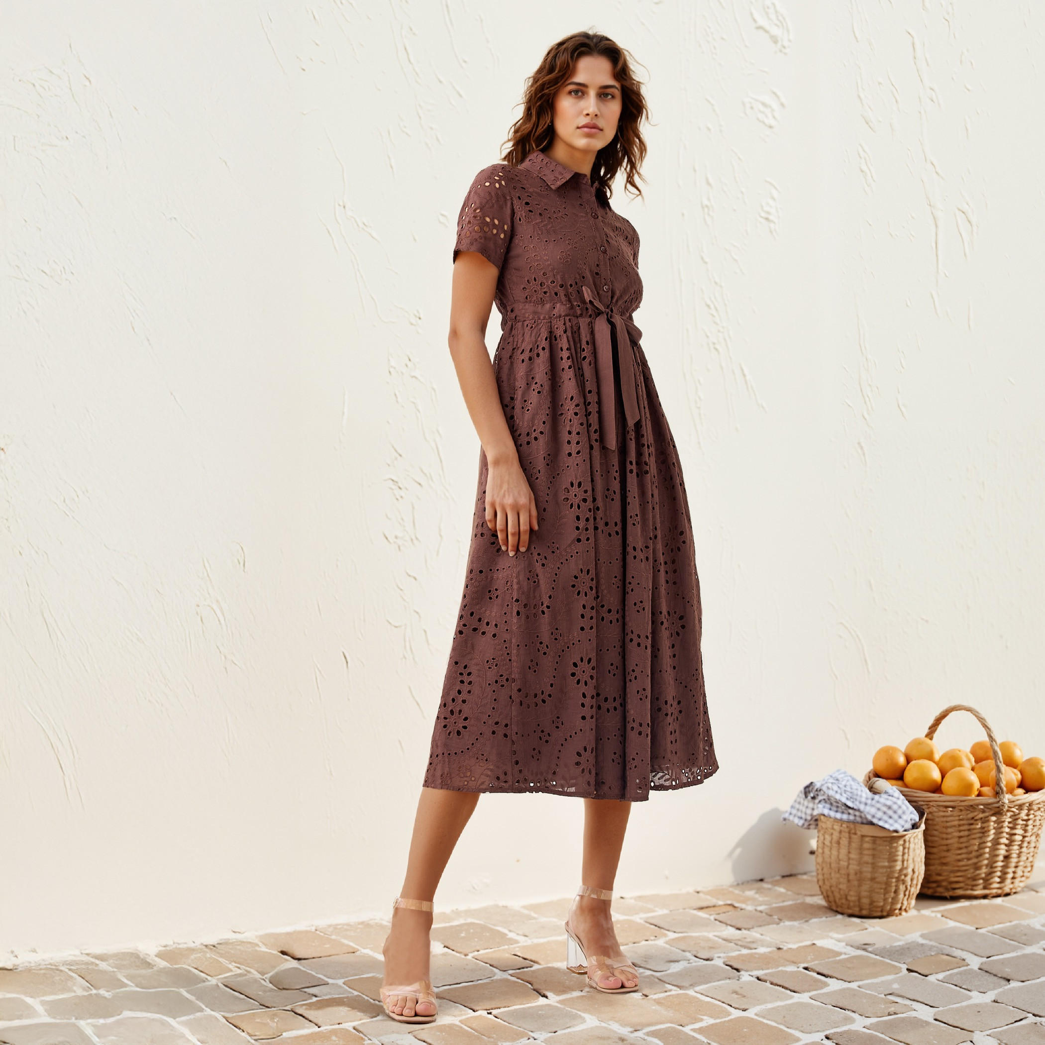 2Xtremz Schiffli Textured Shirt Cotton Dress with Collar and Short Sleeves-women-clothing-dresses-image-2