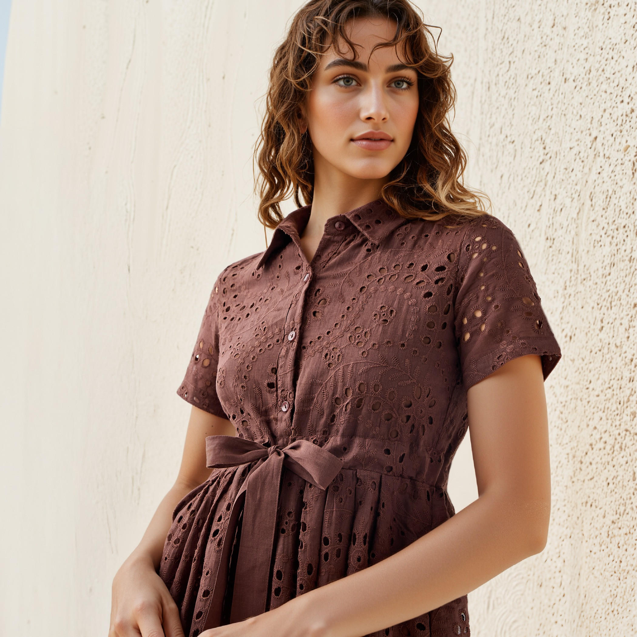 2Xtremz Schiffli Textured Shirt Cotton Dress with Collar and Short Sleeves-women-clothing-dresses-image-4