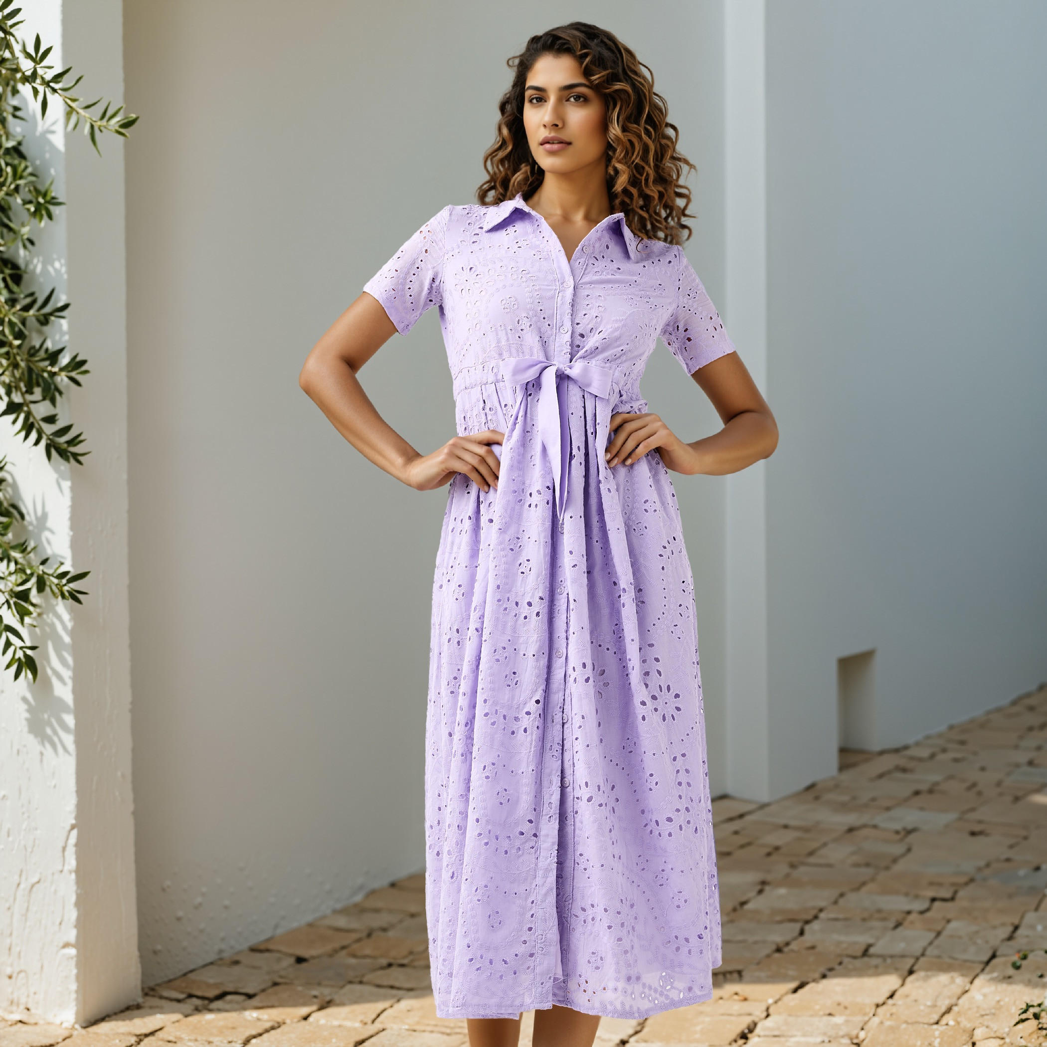 2Xtremz Schiffli Textured Shirt Cotton Dress with Collar and Short Sleeves-women-clothing-dresses-image-2