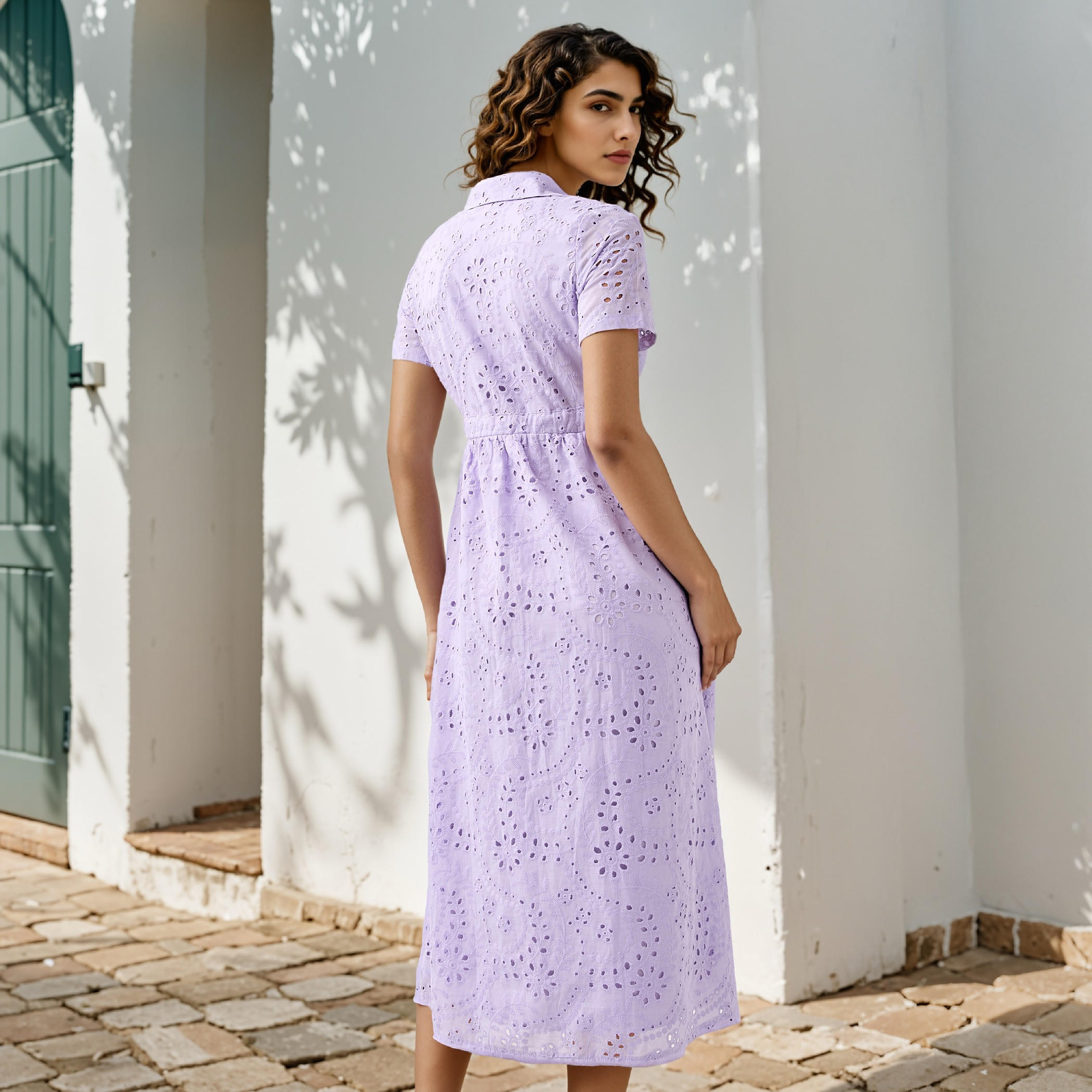 2Xtremz Schiffli Textured Shirt Cotton Dress with Collar and Short Sleeves-women-clothing-dresses-image-3