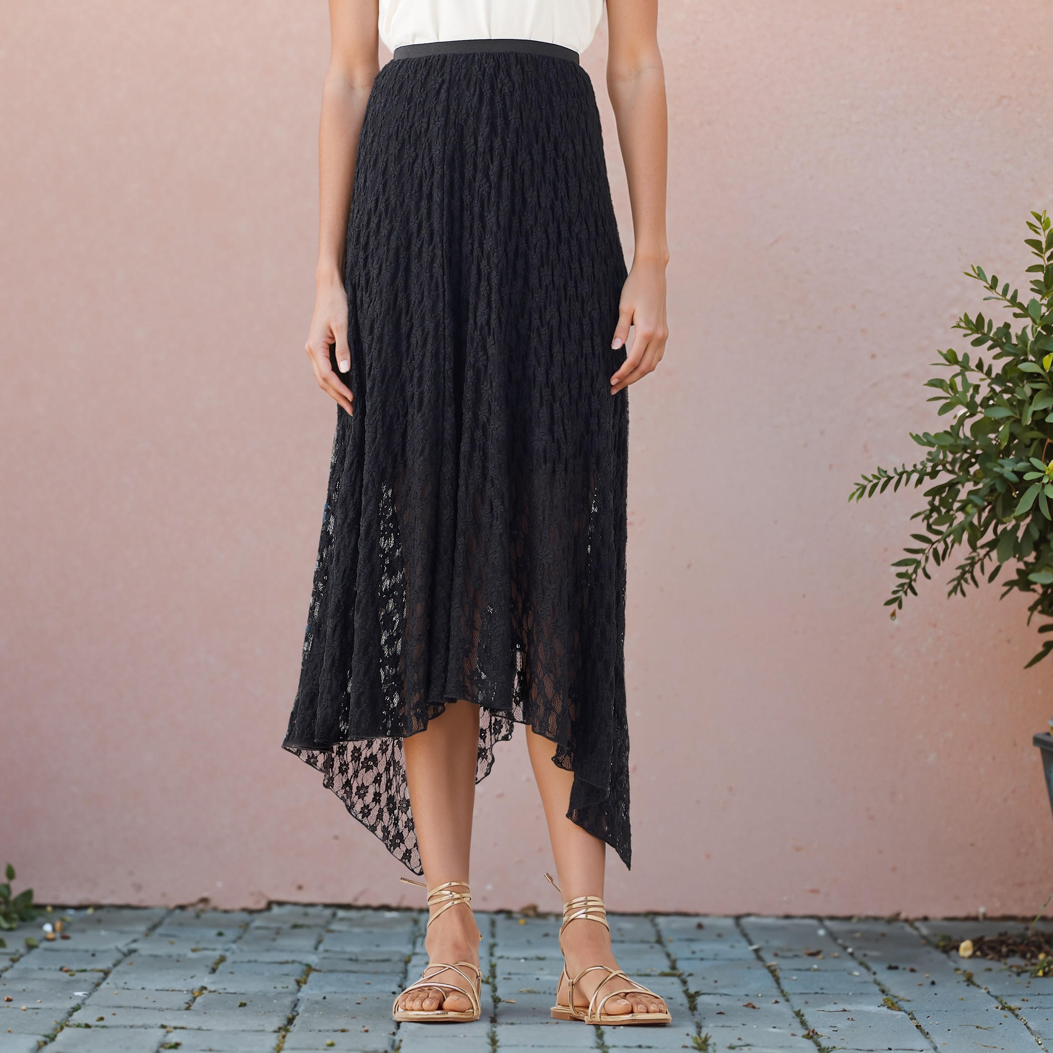 تنورة ميدي غير متماثلة بتفاصيل دانتيل مع خصر مطاطي من تو إكستريمز-women-clothing-bottoms-skirts-image-1