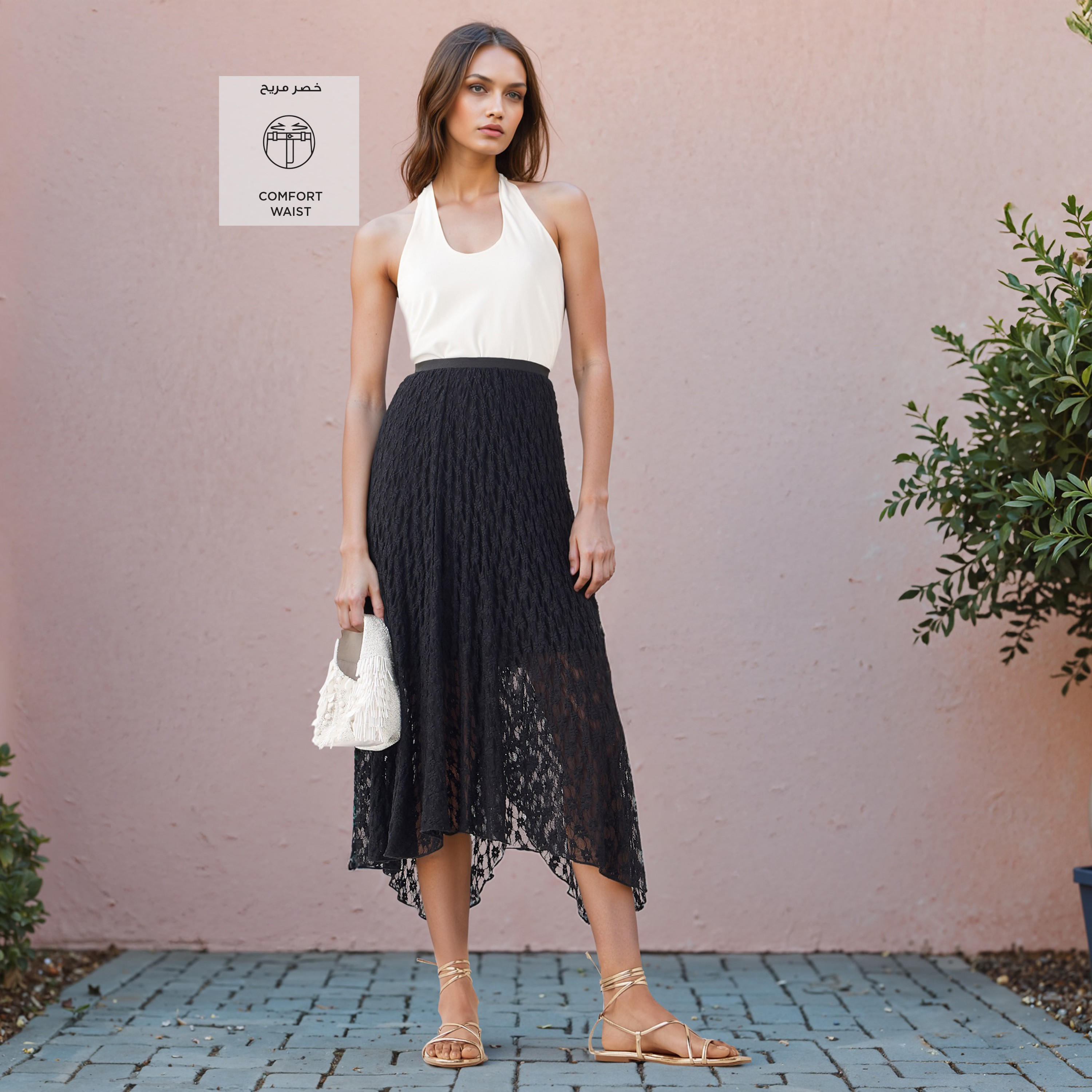 تنورة ميدي غير متماثلة بتفاصيل دانتيل مع خصر مطاطي من تو إكستريمز-women-clothing-bottoms-skirts-image-2