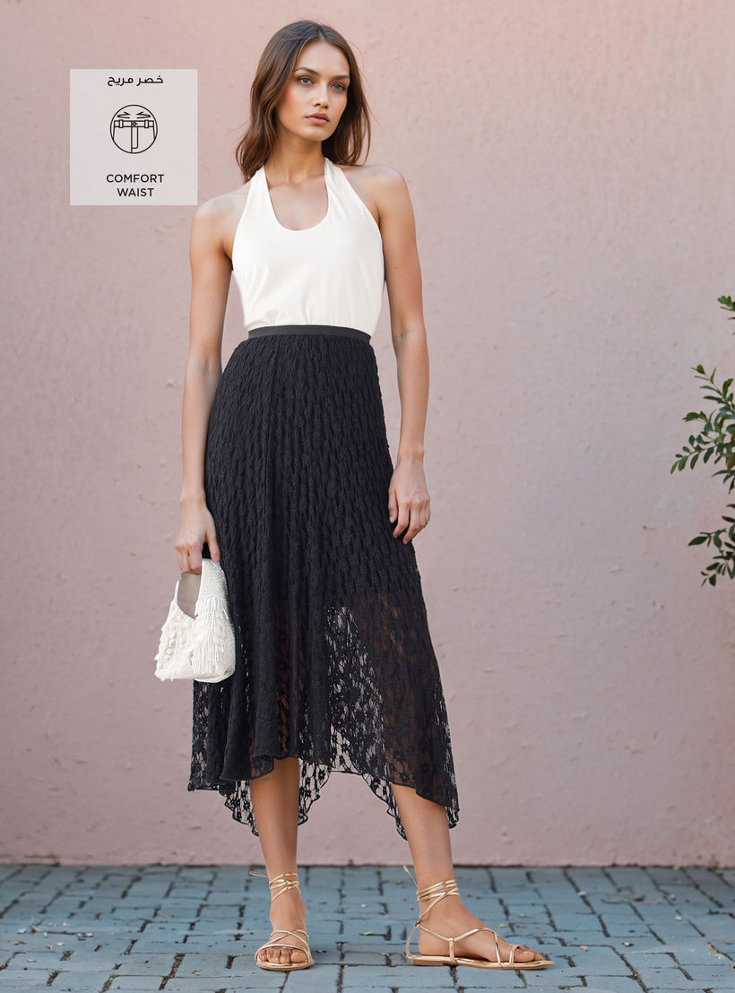 تنورة ميدي غير متماثلة بتفاصيل دانتيل مع خصر مطاطي من تو إكستريمز-women-clothing-bottoms-skirts-image-2