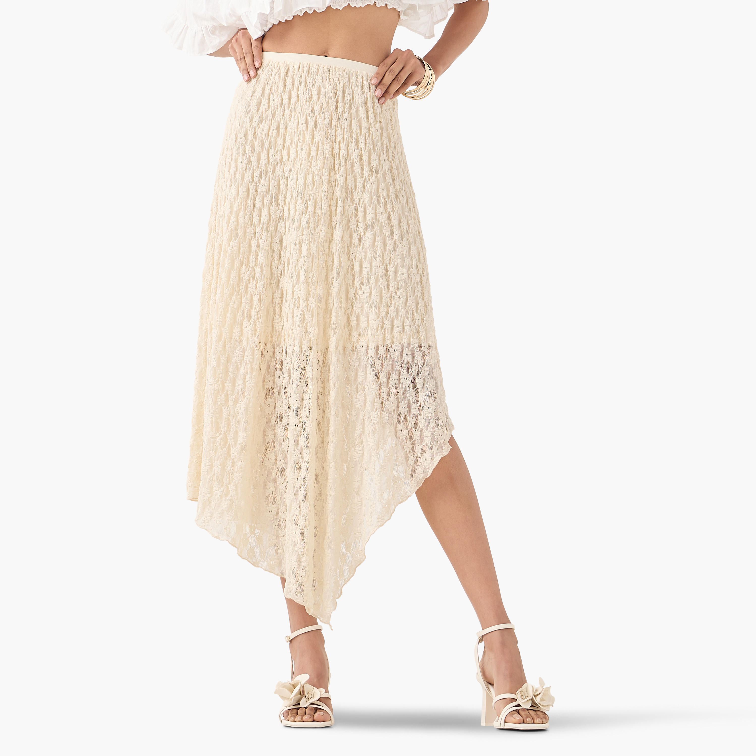 تنورة ميدي غير متماثلة بتفاصيل دانتيل مع خصر مطاطي من تو إكستريمز-women-clothing-bottoms-skirts-image-1