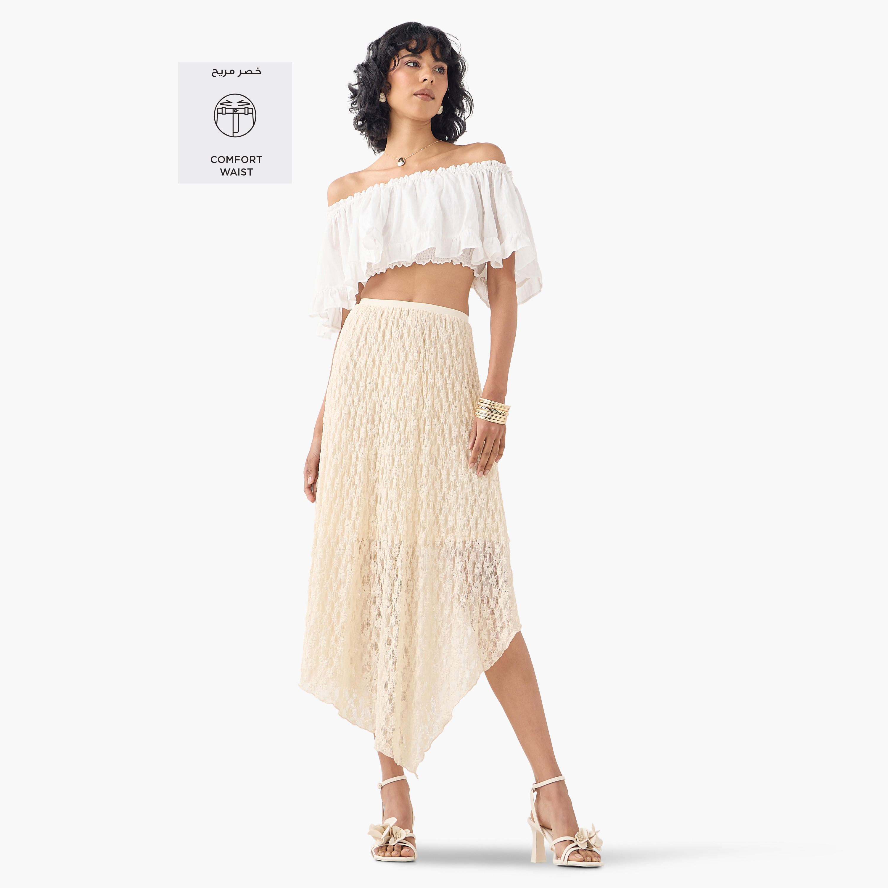 تنورة ميدي غير متماثلة بتفاصيل دانتيل مع خصر مطاطي من تو إكستريمز-women-clothing-bottoms-skirts-image-2