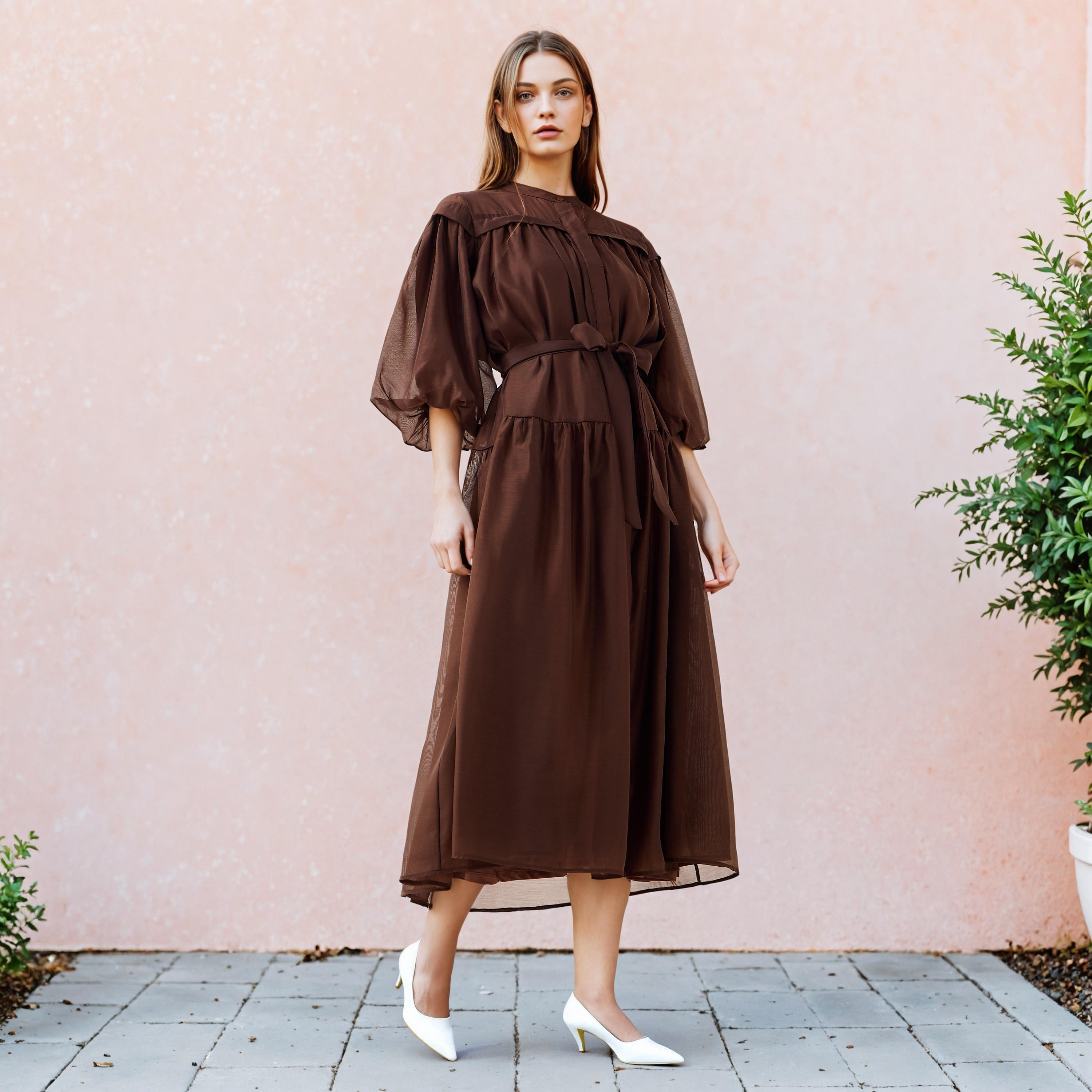 2Xtremz Sheer Tiered Midi Dress with Mandarin Collar-women-clothing-dresses-image-1