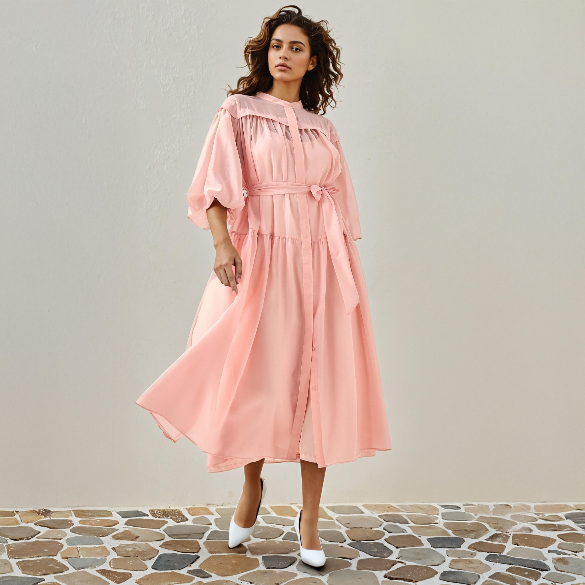 فستان ميدي شفاف بطبقات وياقة ماندارين من تو إكستريمز-women-clothing-dresses-image-1