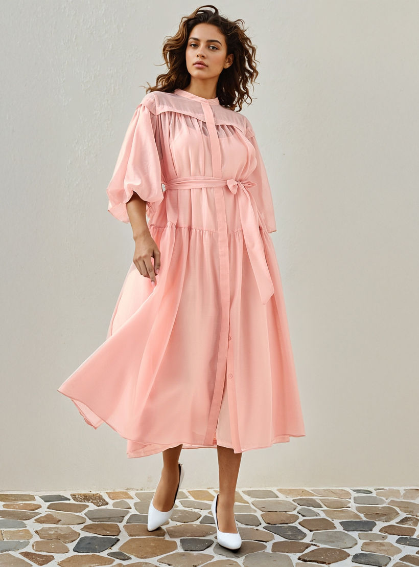 فستان ميدي شفاف بطبقات وياقة ماندارين من تو إكستريمز-women-clothing-dresses-image-1