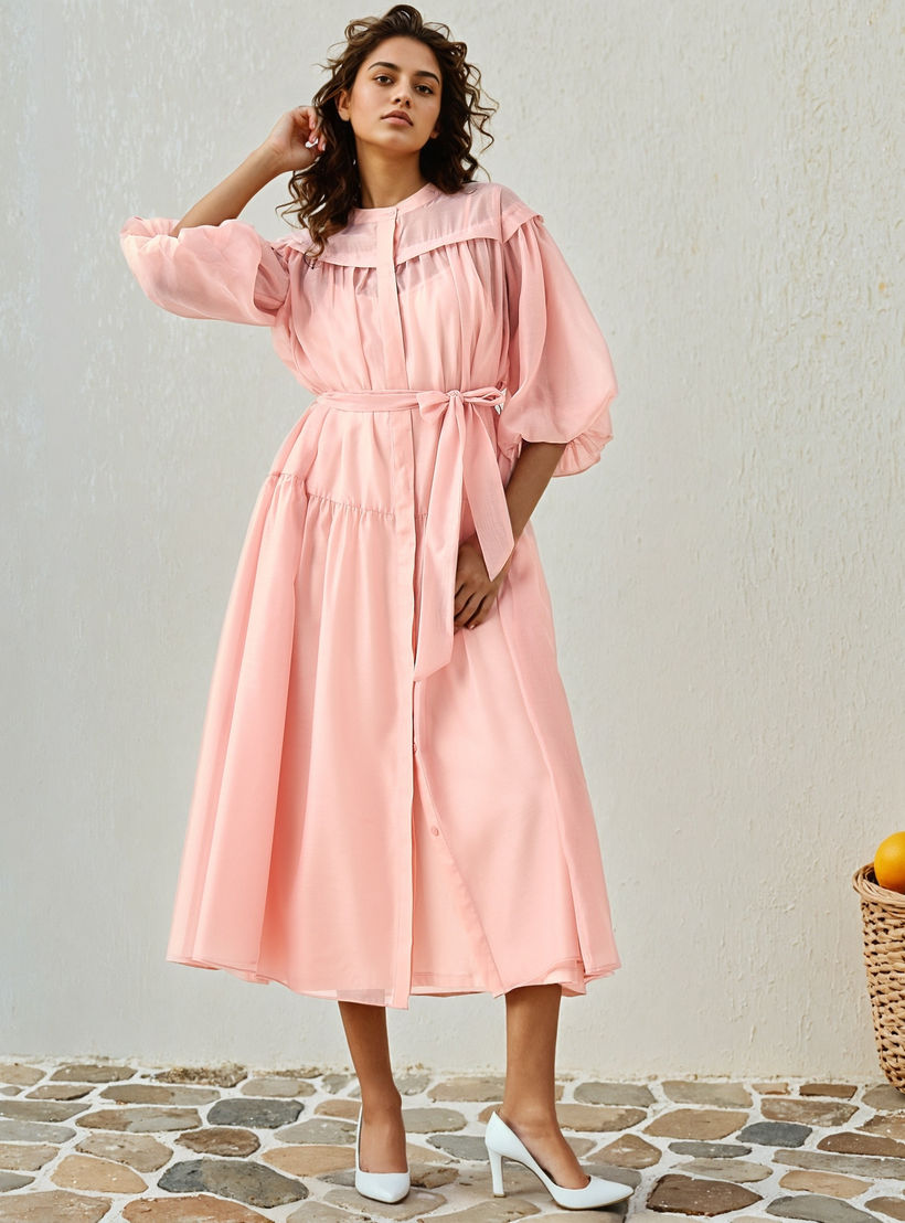 فستان ميدي شفاف بطبقات وياقة ماندارين من تو إكستريمز-women-clothing-dresses-image-2