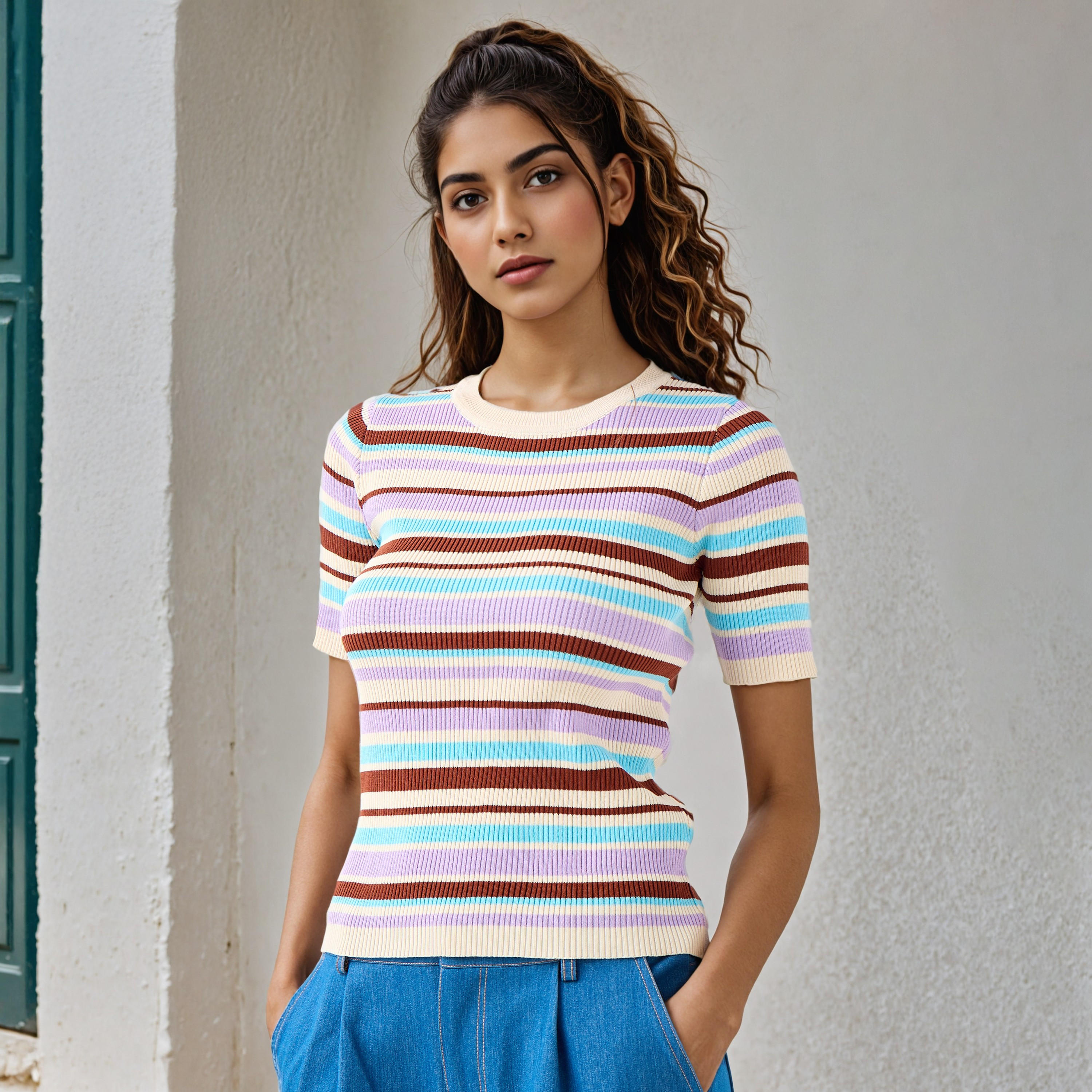 تيشيرت مقلم بياقة ضيقة من تو إكستريمز-women-clothing-tshirts-image-1
