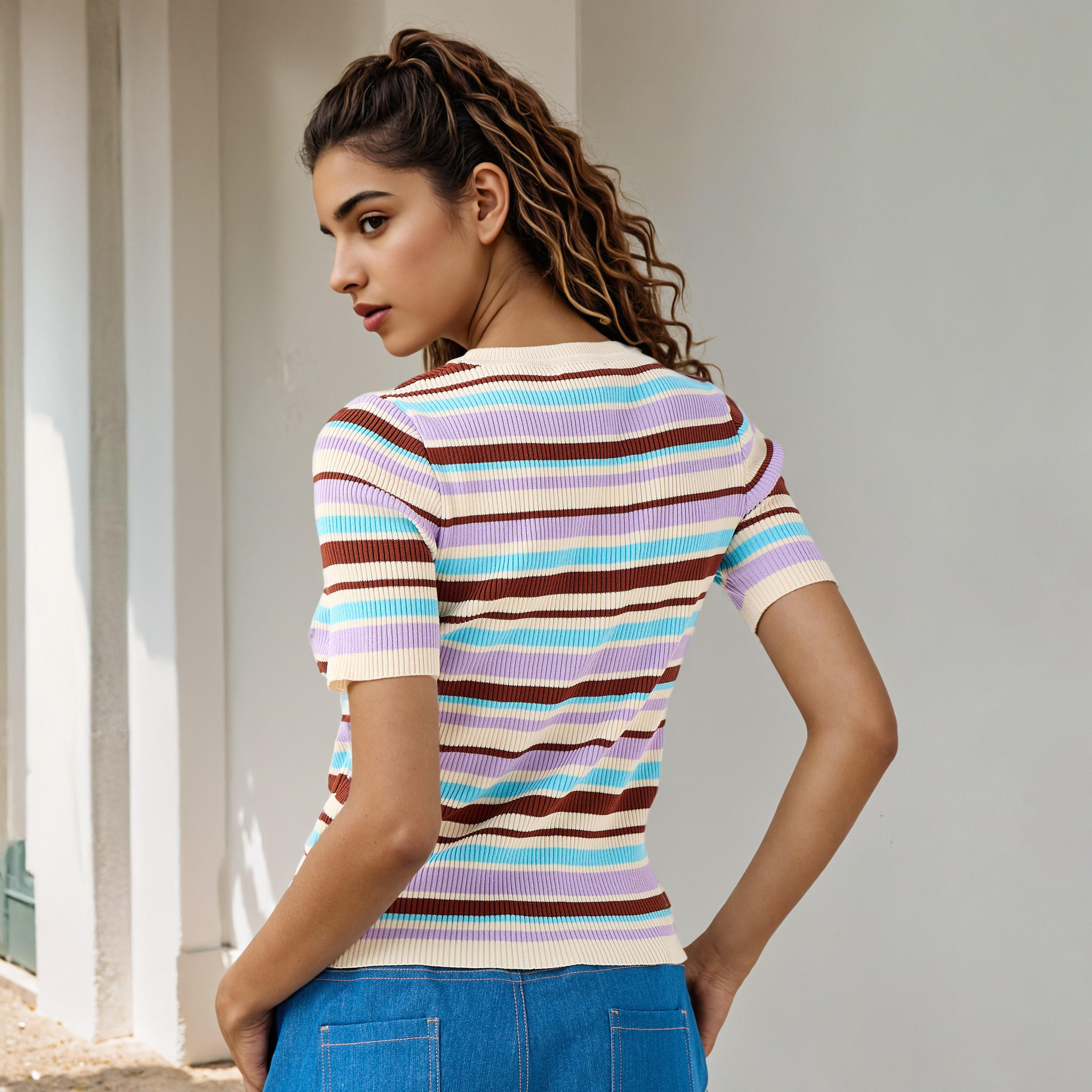 تيشيرت مقلم بياقة ضيقة من تو إكستريمز-women-clothing-tshirts-image-3
