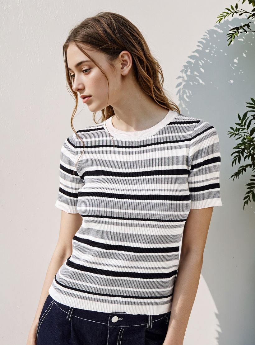 تيشيرت مقلم بياقة ضيقة من تو إكستريمز-women-clothing-tshirts-image-1