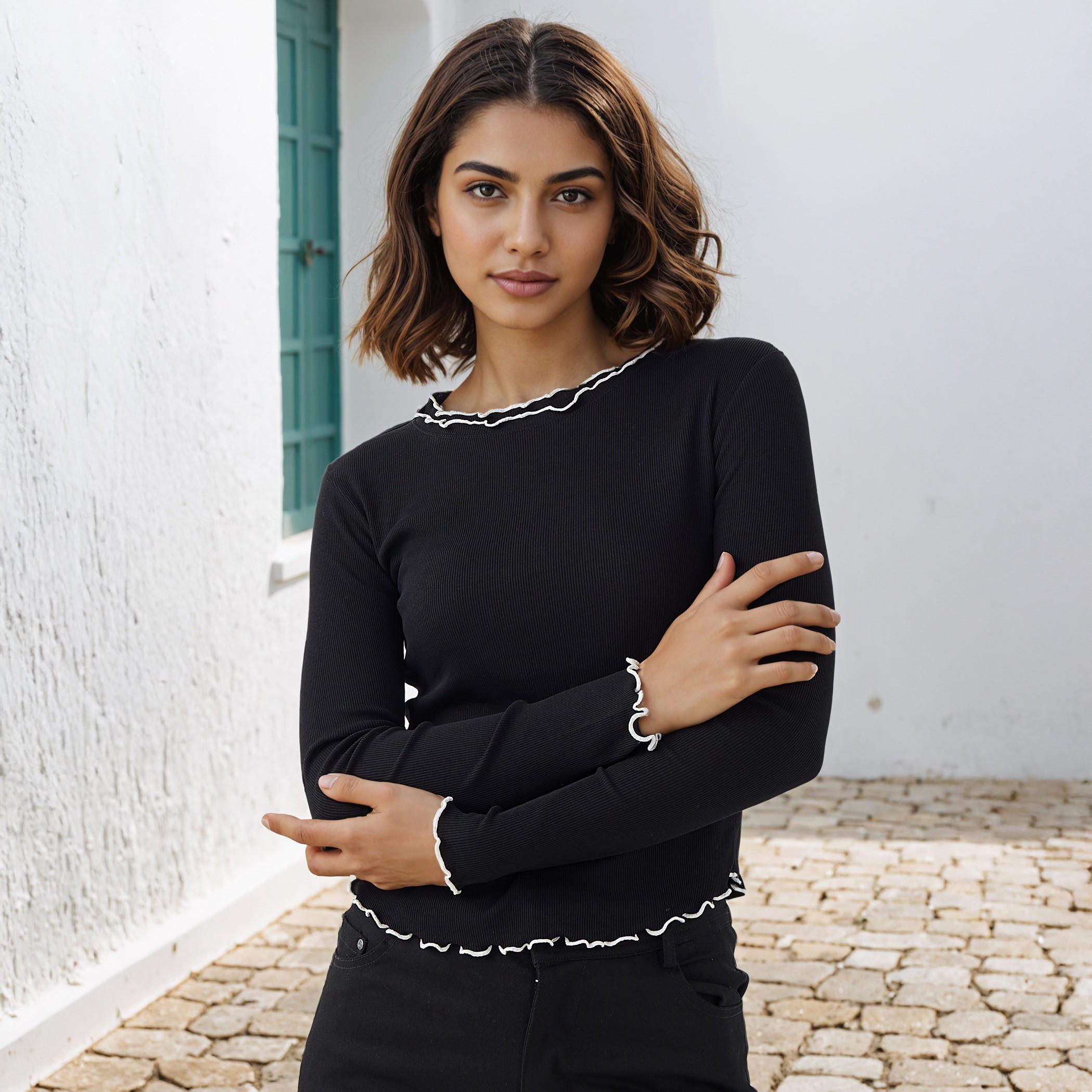 بلوزة مضلعة بخيوط بارزة متباينة من تو إكستريمز-women-clothing-tshirts-image-5
