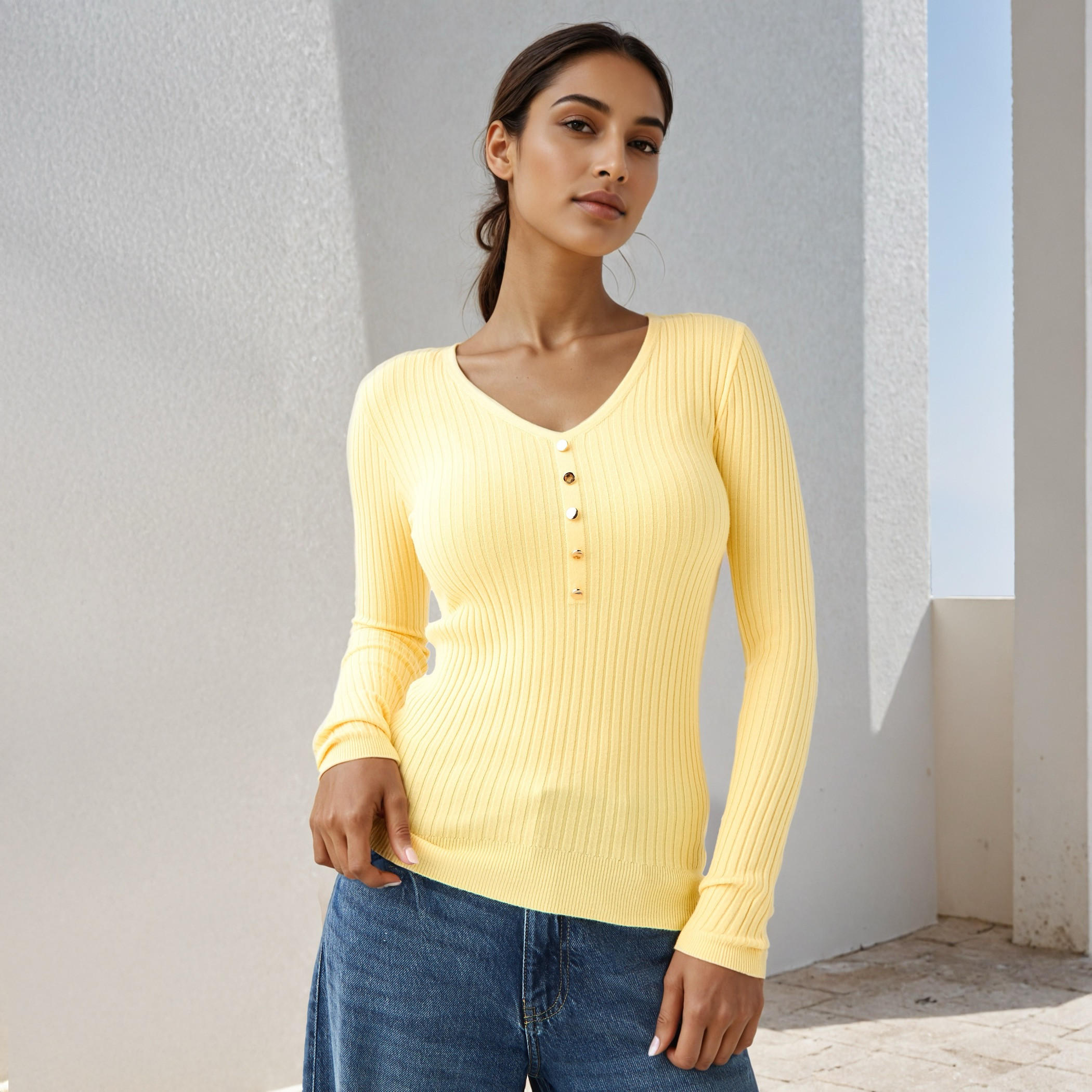 كنزة مضلعة بياقة V من تو إكستريمز-women-clothing-cardigansandjumpers-jumpers-image-1
