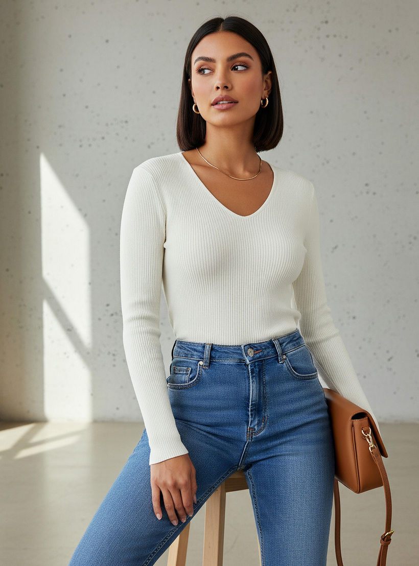 2Xtremz Regular Fit Ribbed V-neck Tricot Sweater-women-clothing-cardigansandjumpers-jumpers-image-1