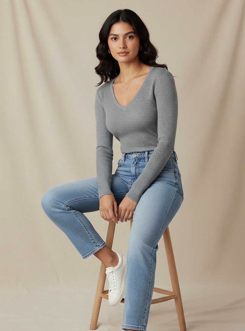كنزة تريكو مضلعة بقصة عادية وياقة V من تو إكستريمز-women-clothing-cardigansandjumpers-jumpers-image-5