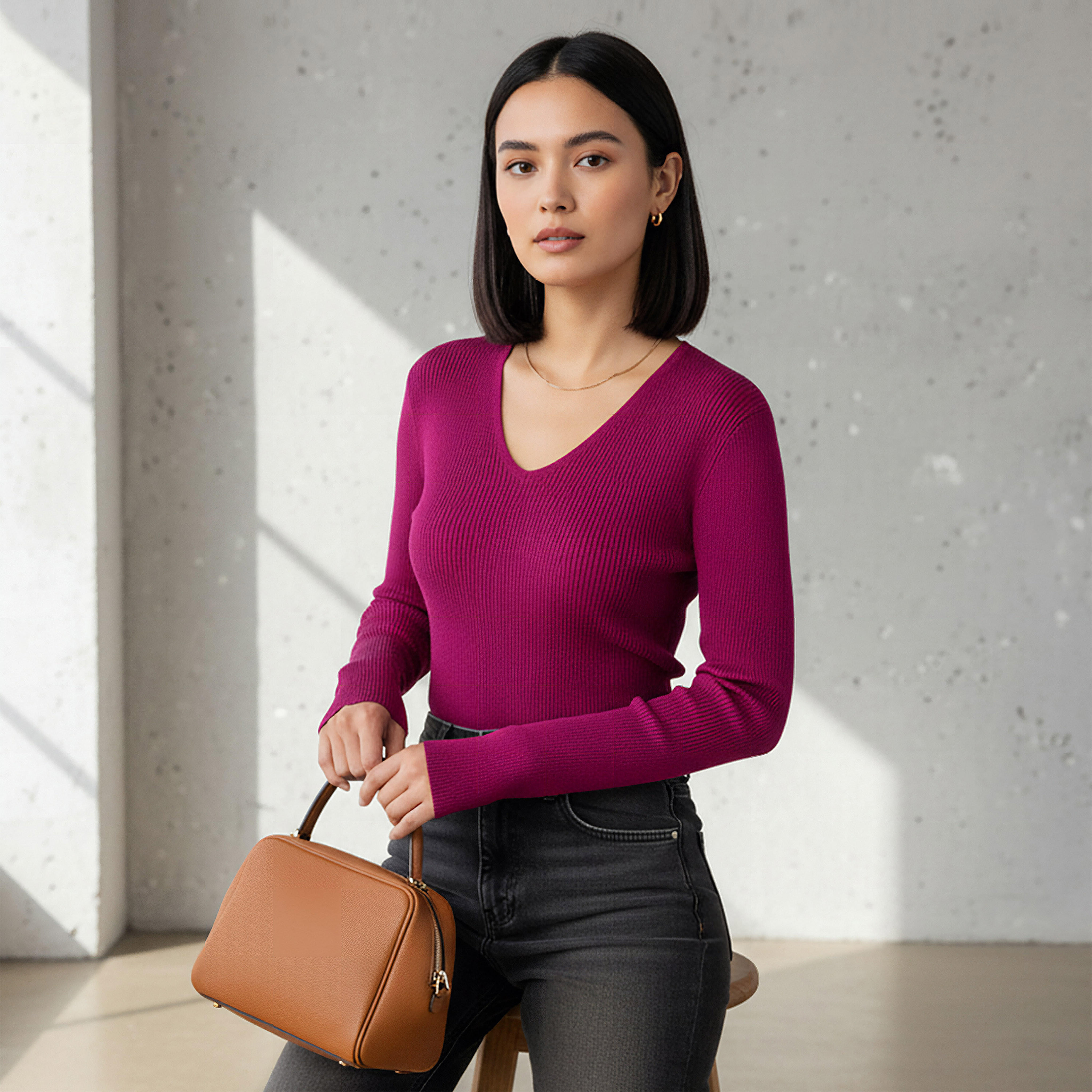 2Xtremz Regular Fit Ribbed V-neck Tricot Sweater-women-clothing-cardigansandjumpers-jumpers-image-1